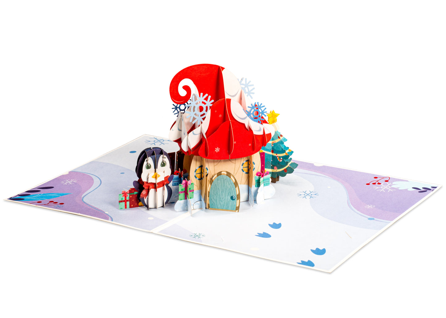 Open Christmas card showcasing a 3D mushroom house, penguin, and festive details.