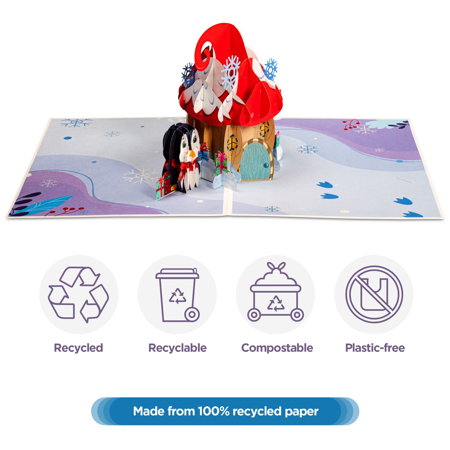 Eco-friendly Christmas card made from recycled paper with pop-up mushroom house.