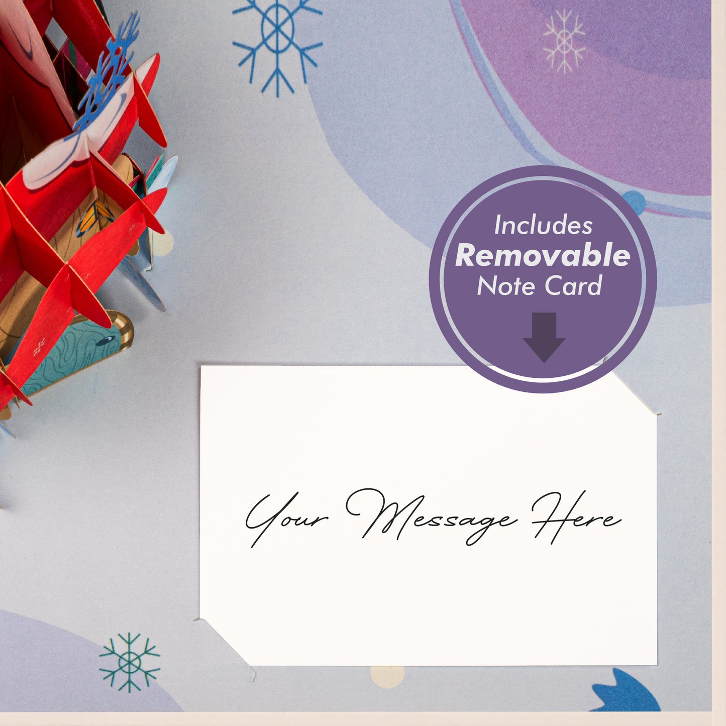 Christmas card with removable note card for personalized messages.