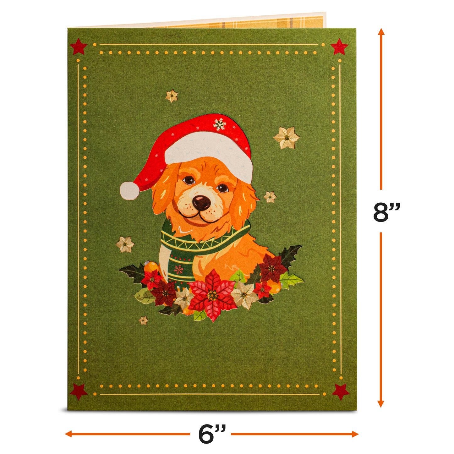 Green Christmas card cover with a dog in a Santa hat surrounded by festive decorations.