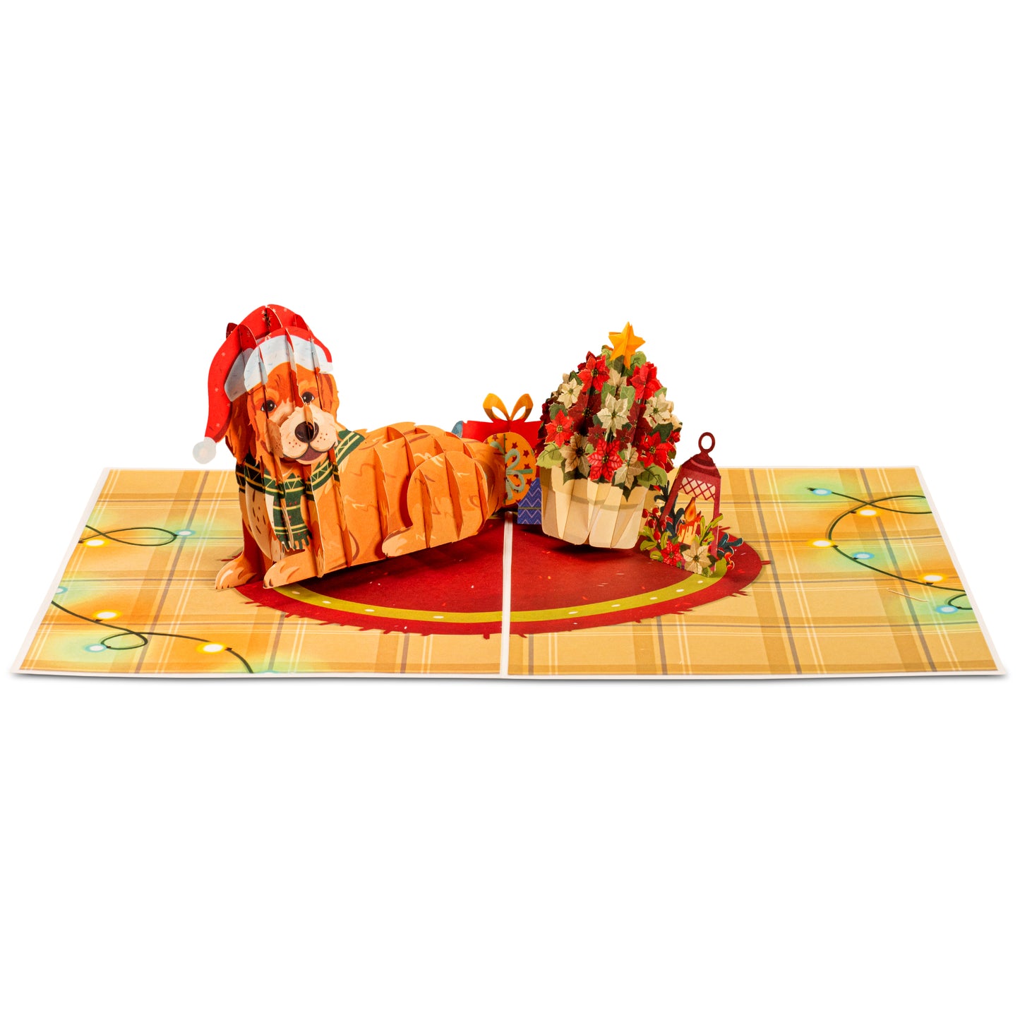 Open Christmas dog pop-up card showcasing a festive dog and poinsettia basket.