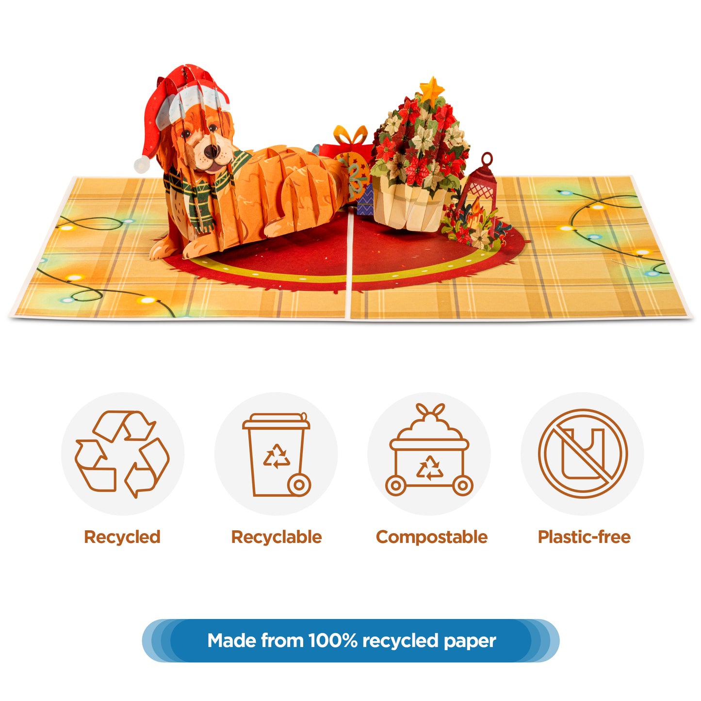 Christmas dog pop-up card made from recycled paper, highlighting eco-friendly features.