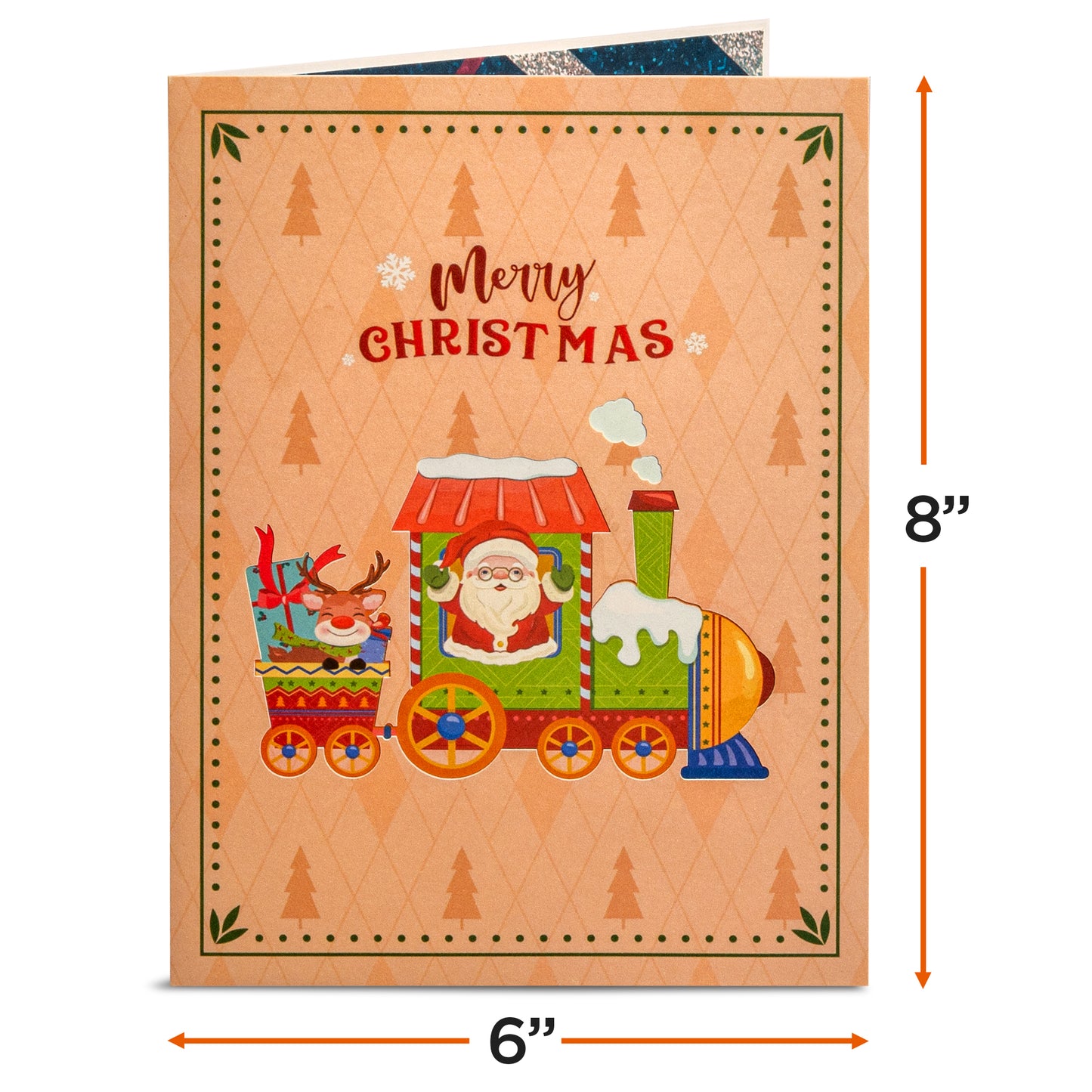 Front cover of Christmas Train Pop Up Card with Santa and reindeer design.