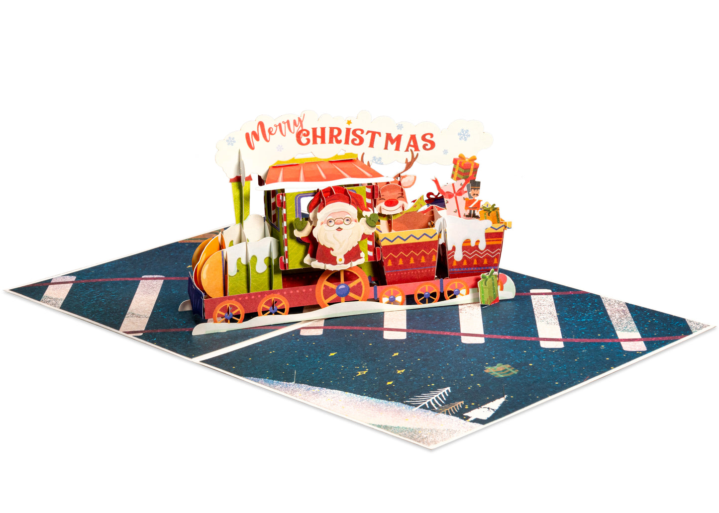 Open Christmas Train Pop Up Card showcasing Santa and holiday train.