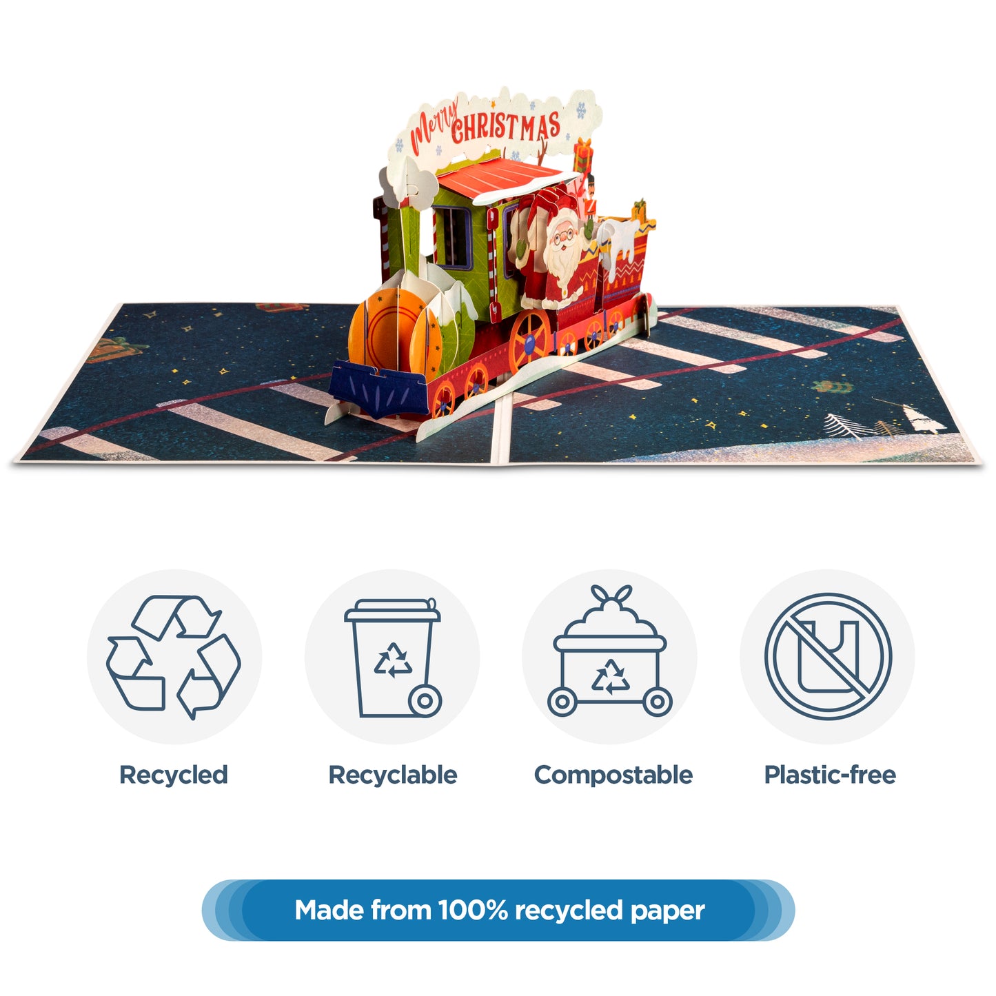 Christmas Train Pop Up Card made from 100% recycled, compostable materials.
