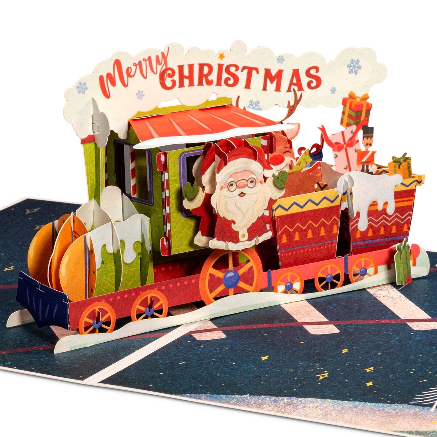 Christmas Train Pop Up Card featuring Santa and festive decorations.