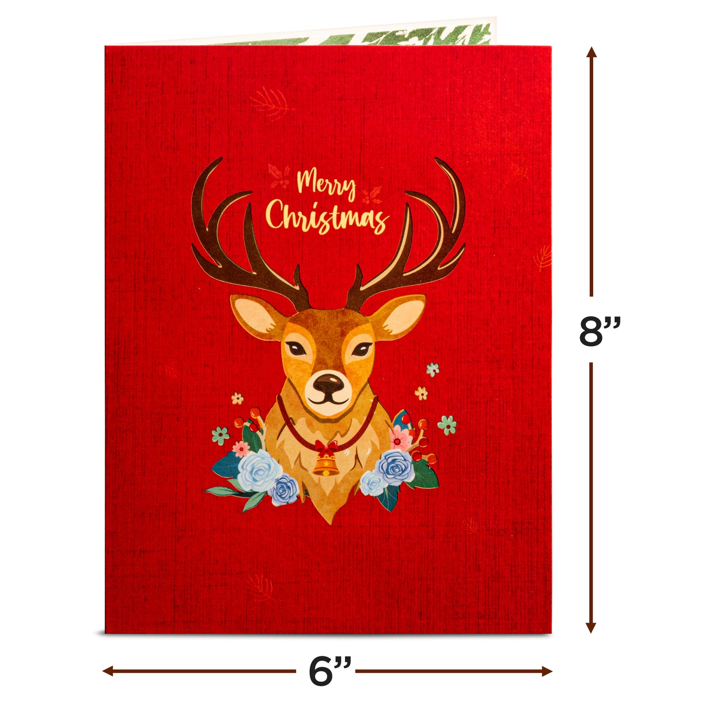Red Christmas card cover with a reindeer illustration and 'Merry Christmas' text.