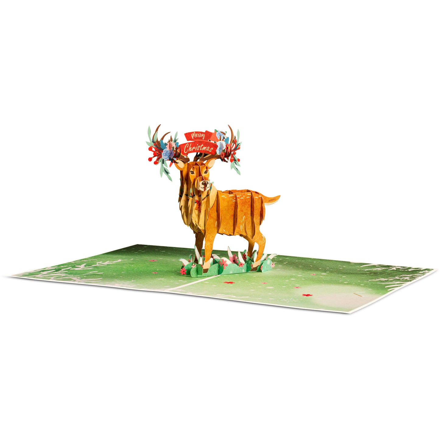 Christmas reindeer pop-up card with a 3D reindeer on a green background.