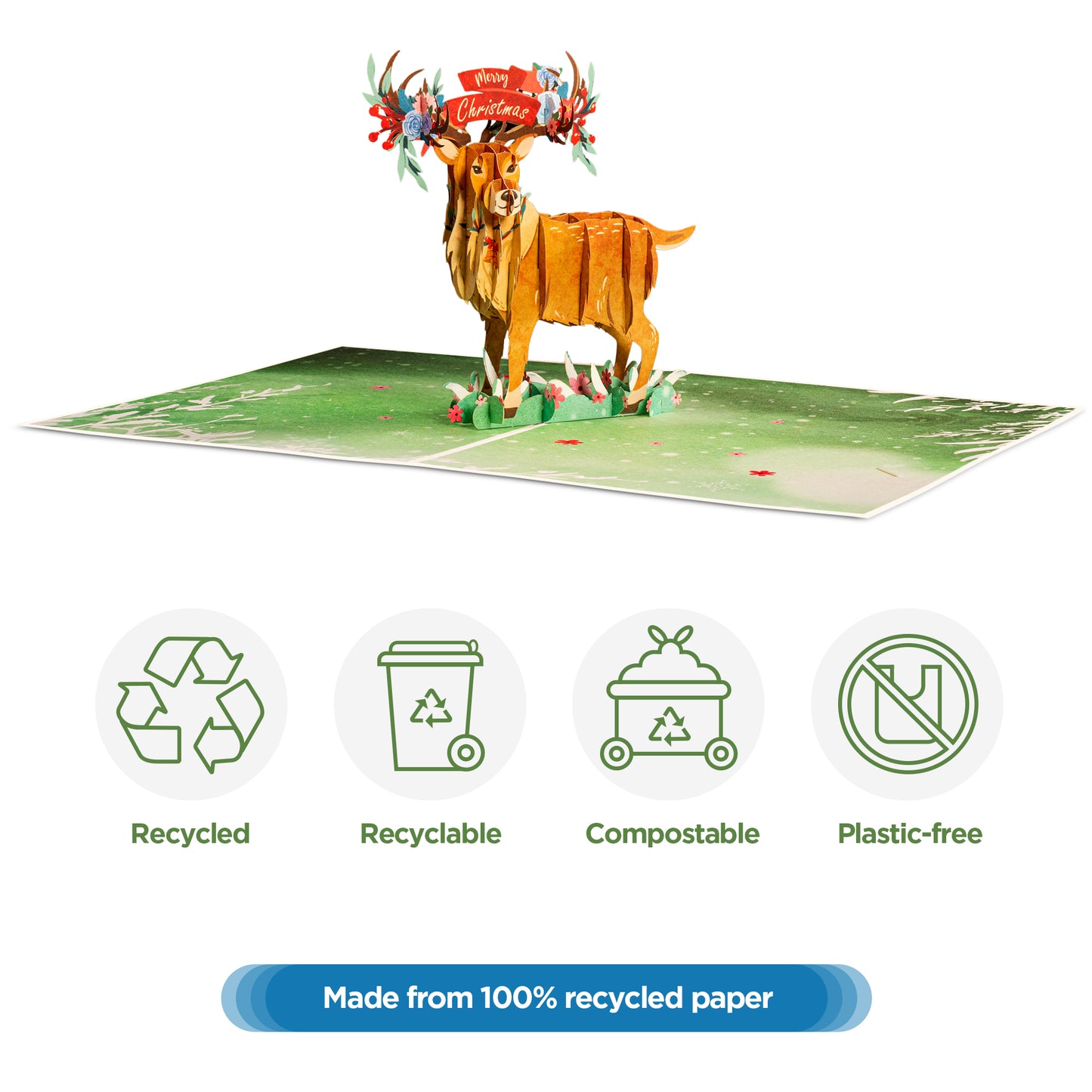 Eco-friendly Christmas reindeer pop-up card made from 100% recycled paper.