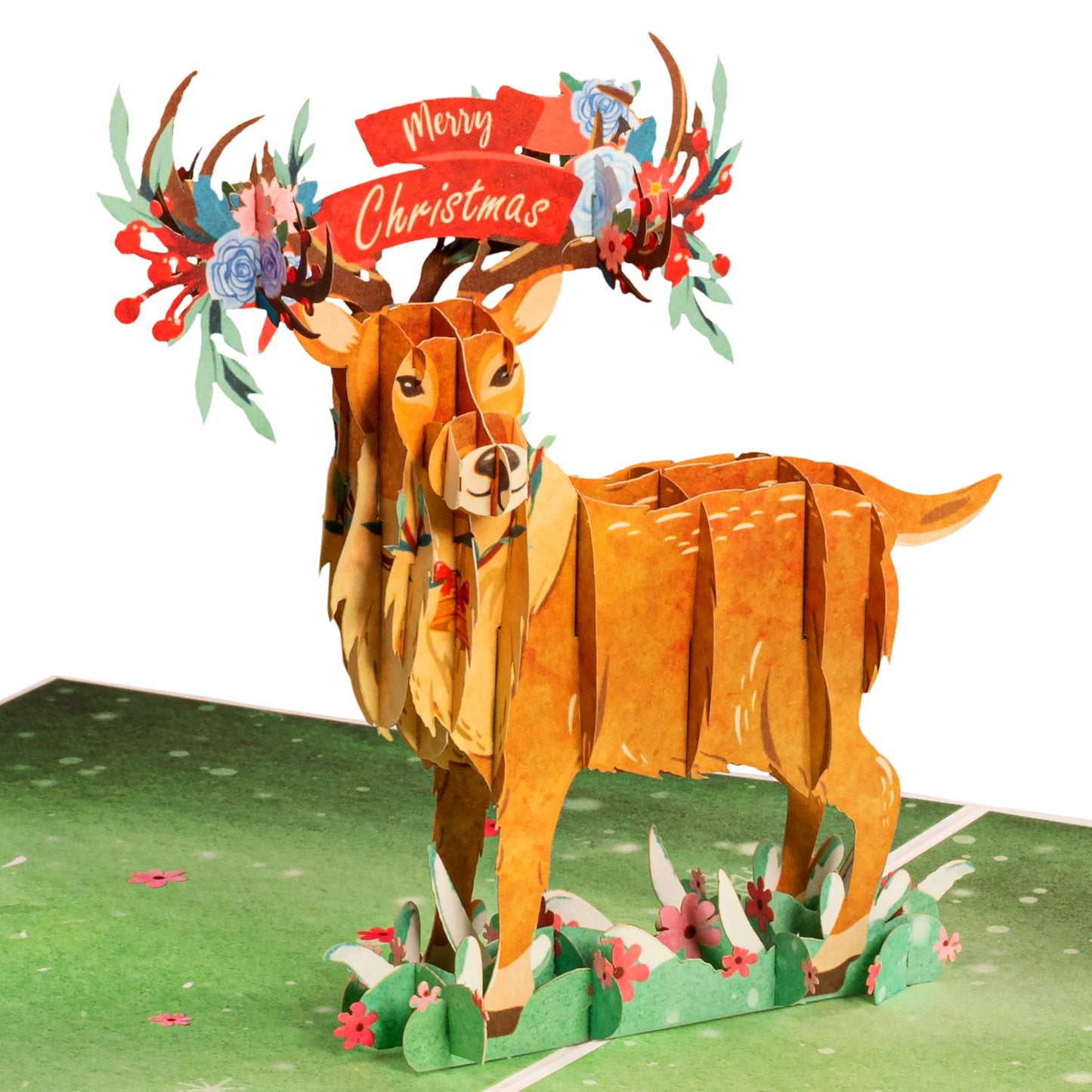 Christmas reindeer pop-up card featuring a 3D reindeer with floral antlers.