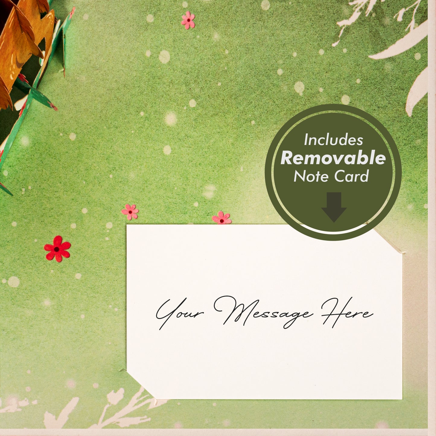 Close-up of Christmas card with a removable note card for personalized messages.
