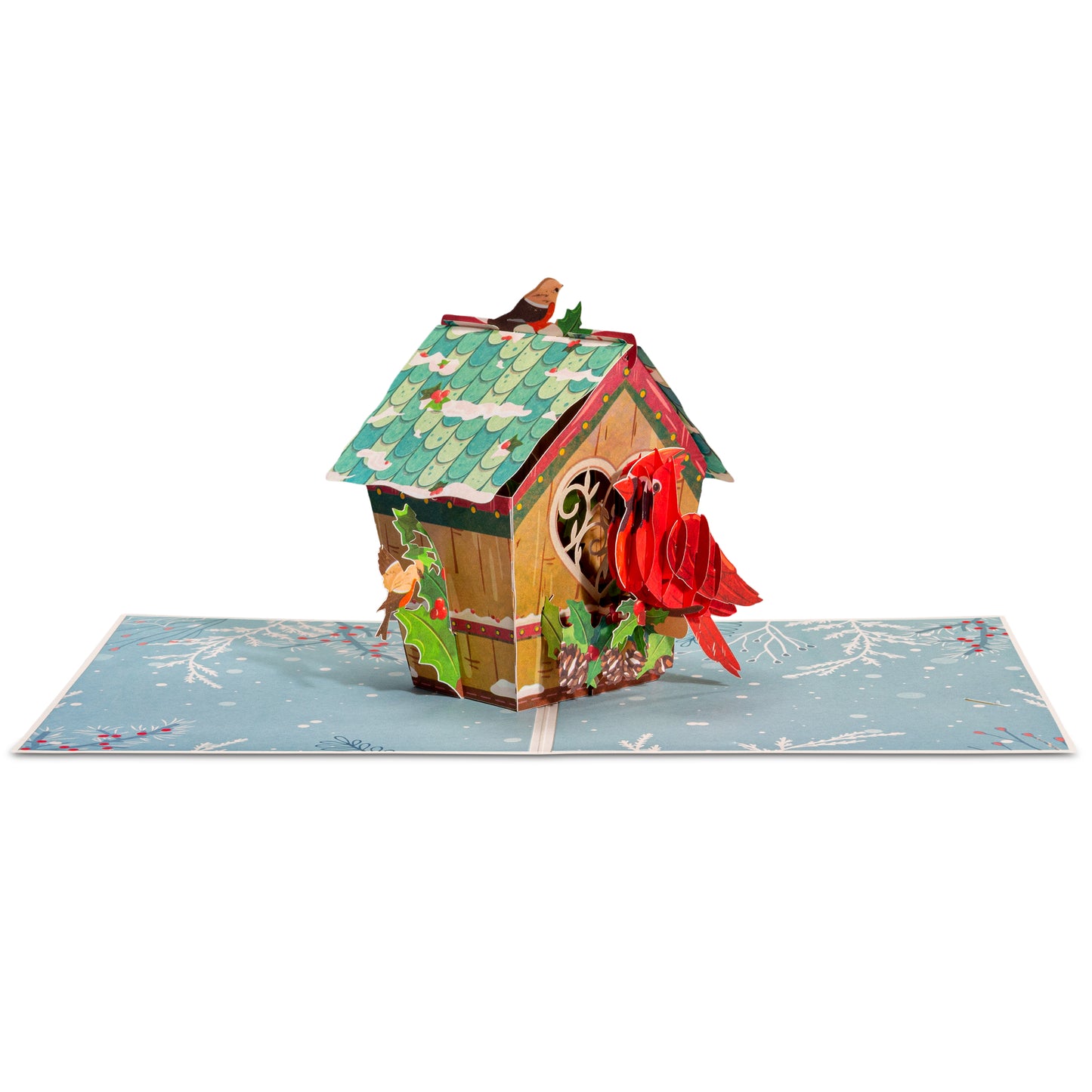 Fully opened Love Bird House pop-up Christmas card displaying its 3D birdhouse design.