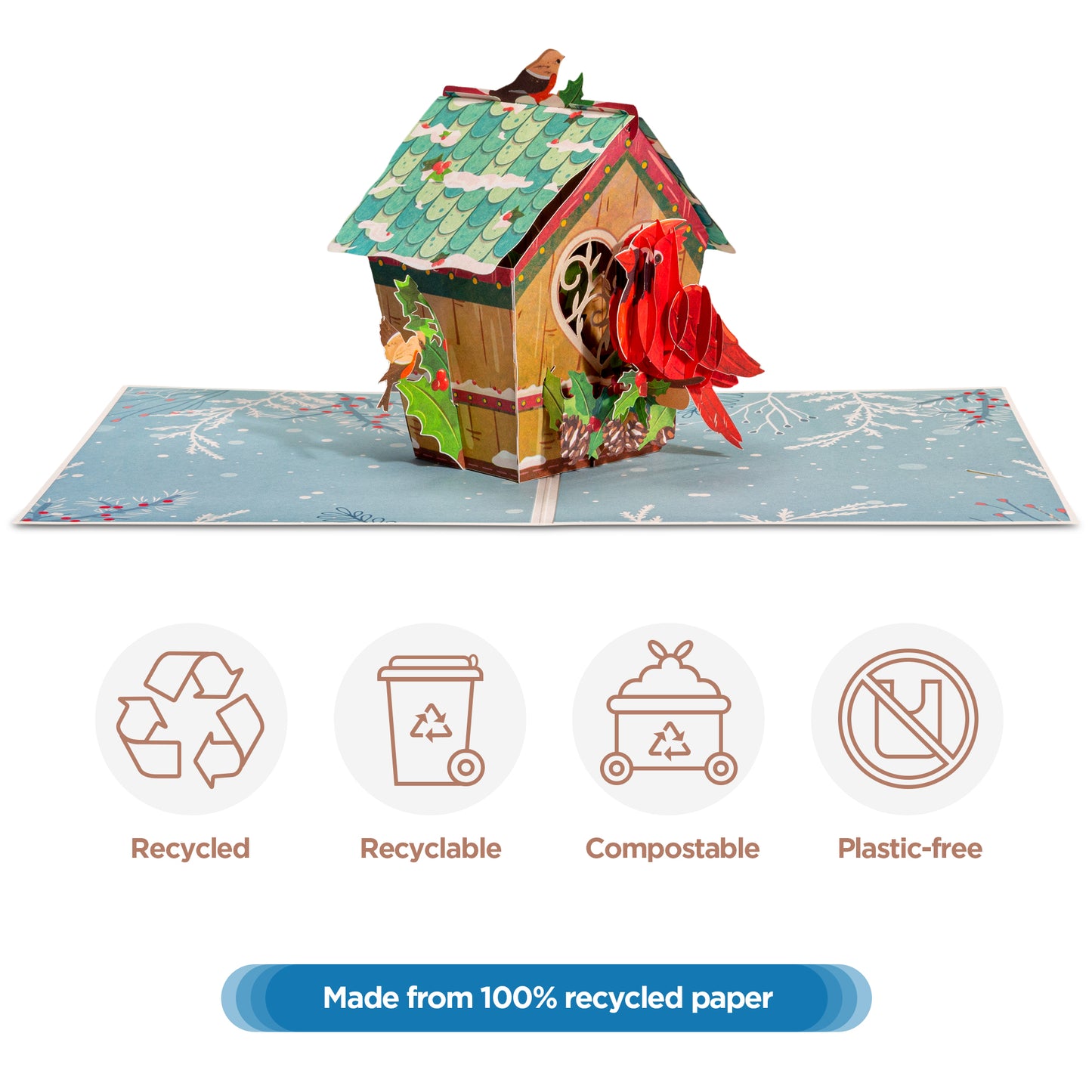 Love Bird House pop-up card made from 100% recycled paper with eco-friendly features.