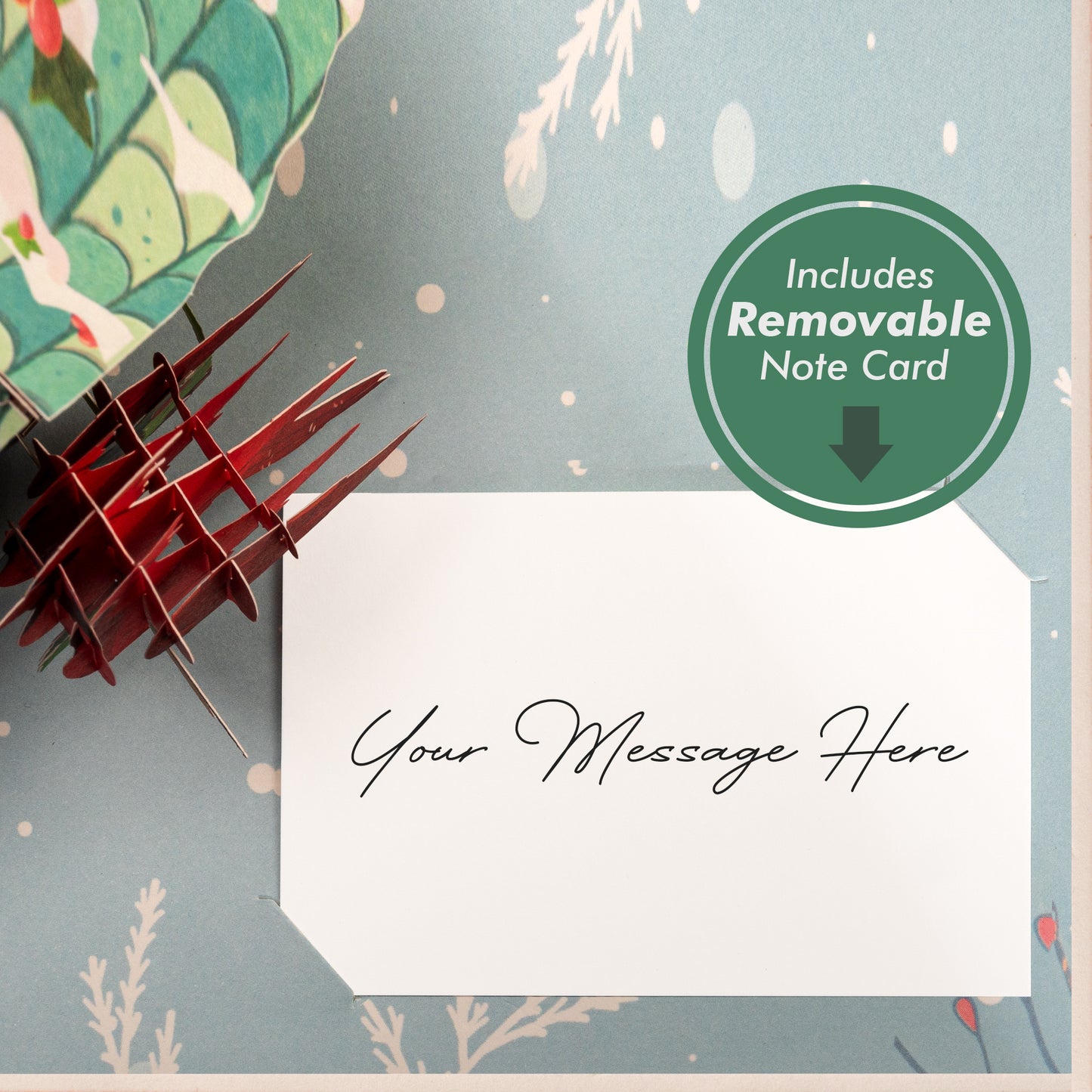 Close-up of removable note card inside the Love Bird House pop-up Christmas card.