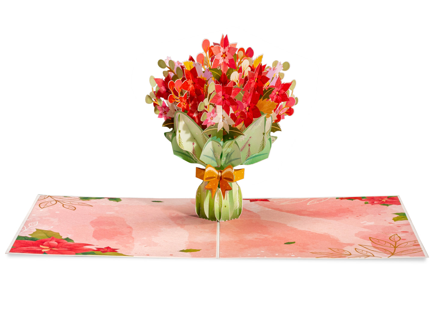 Open poinsettia pop-up card featuring a festive floral bouquet.