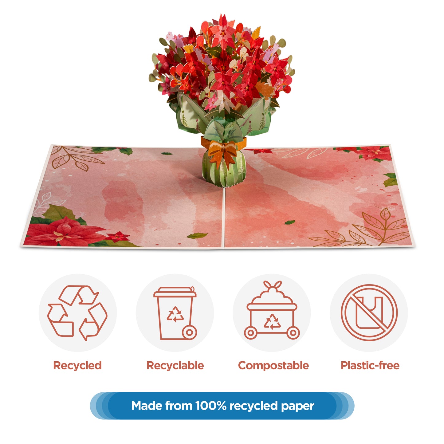 Poinsettia pop-up card made from recycled paper with eco icons.