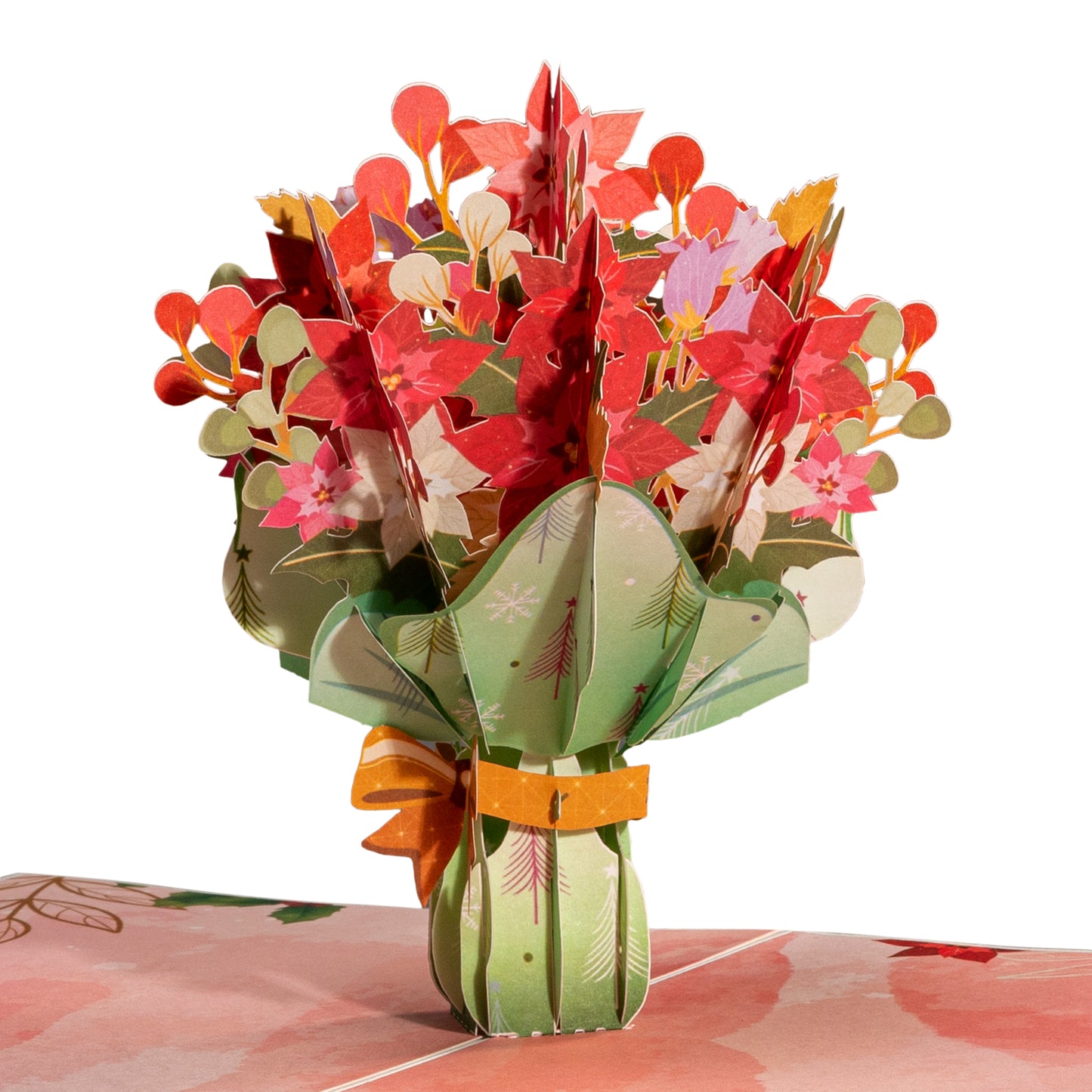Poinsettia bouquet pop-up Christmas card with vibrant red flowers.