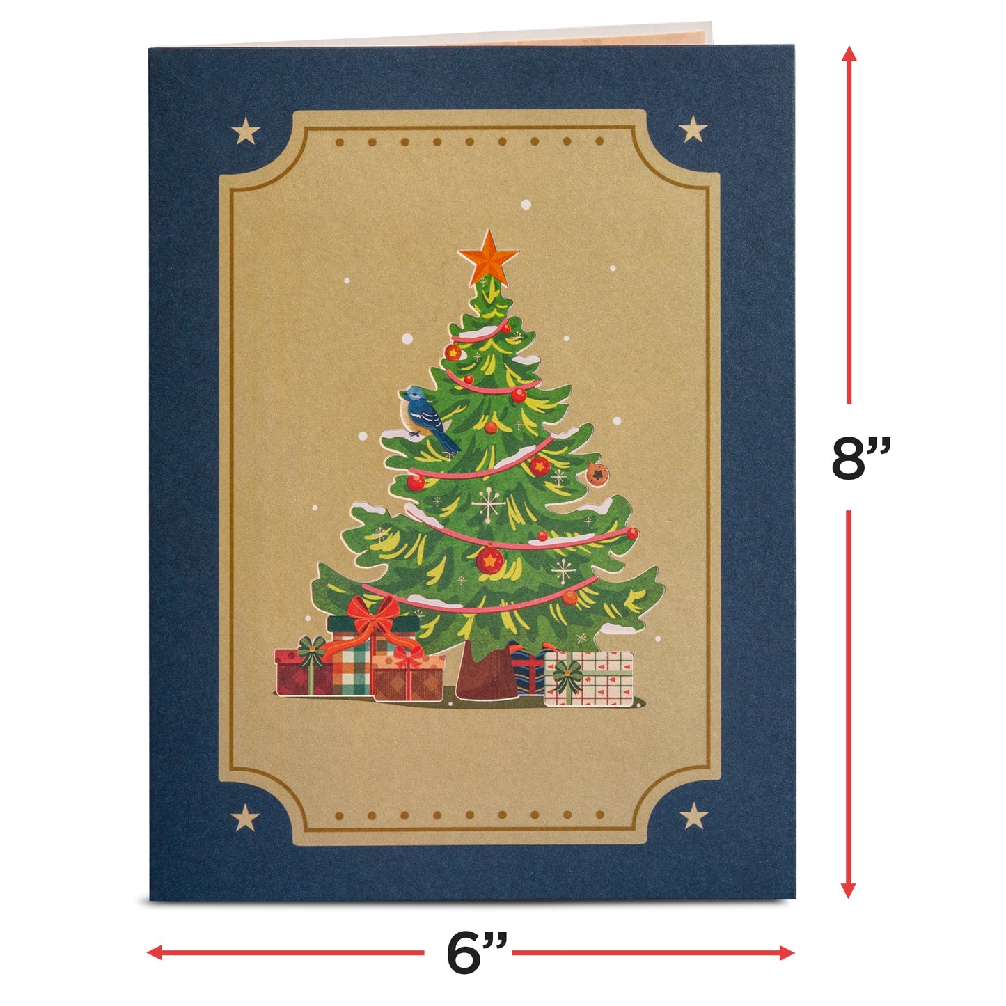 Front cover of Christmas card with a decorated tree and wrapped gifts.