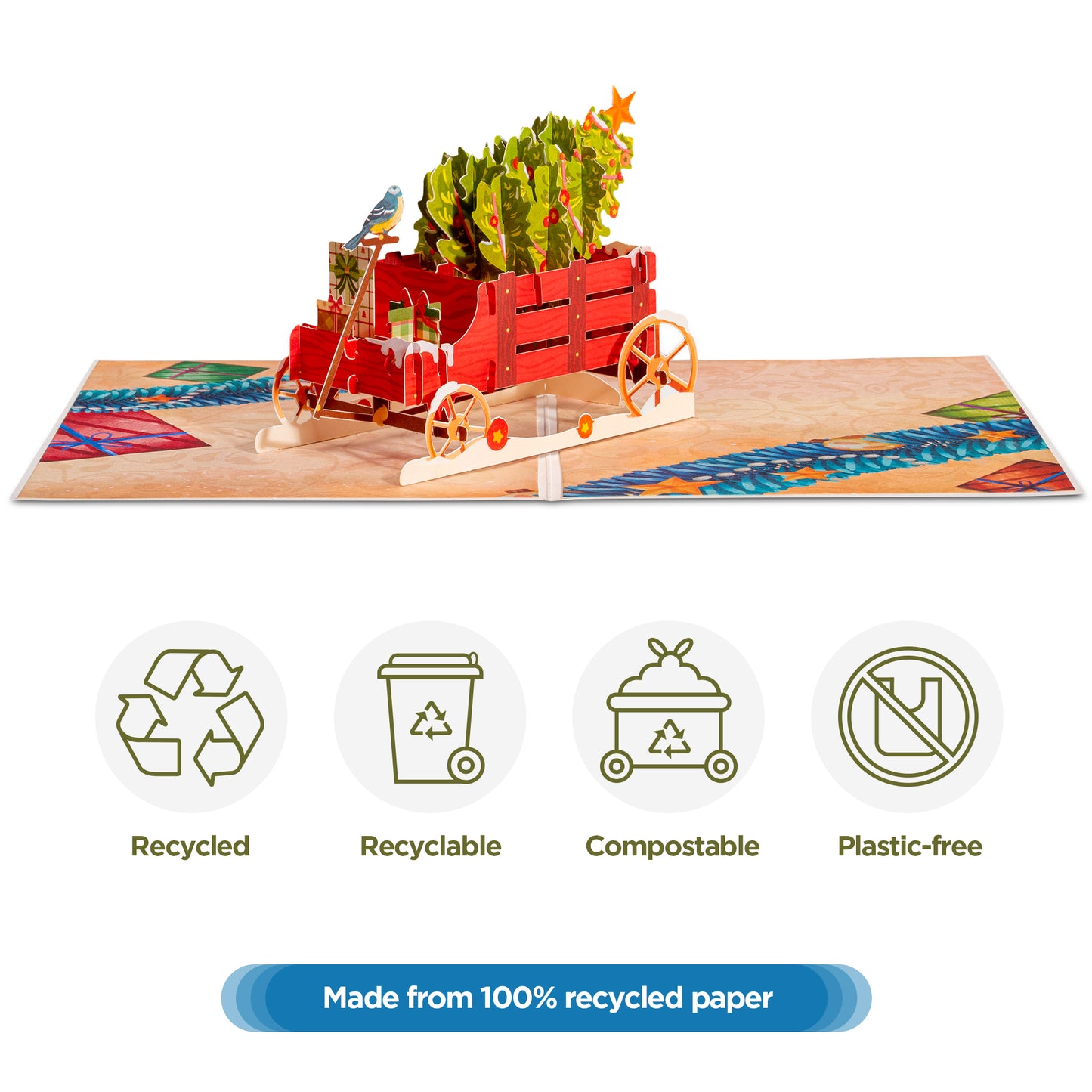 Eco-friendly pop-up card made from recycled, compostable, plastic-free paper.