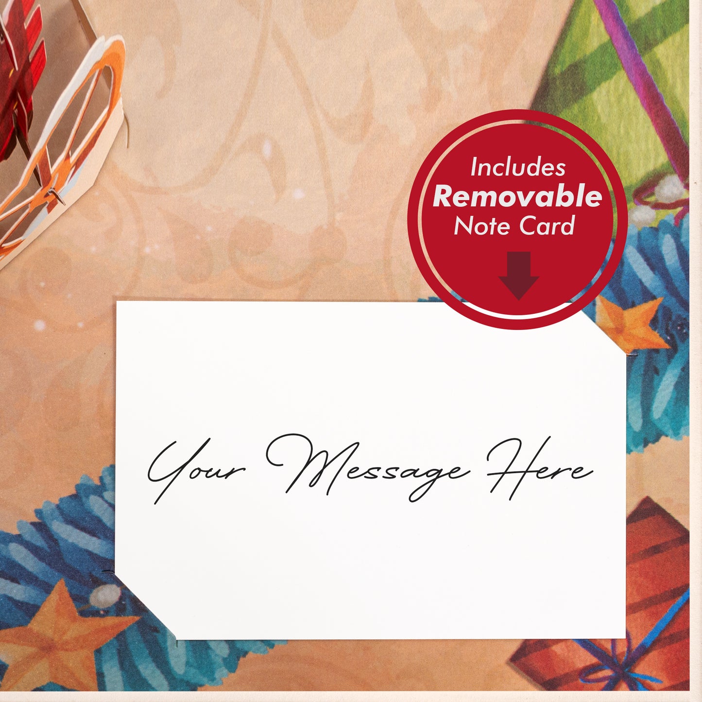 Close-up of removable note card inside the pop-up Christmas card.