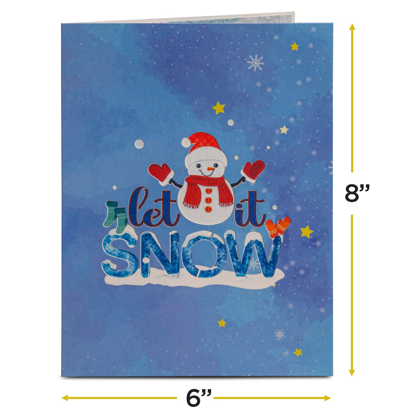 Front cover of Let It Snow card with a cheerful snowman and festive design.