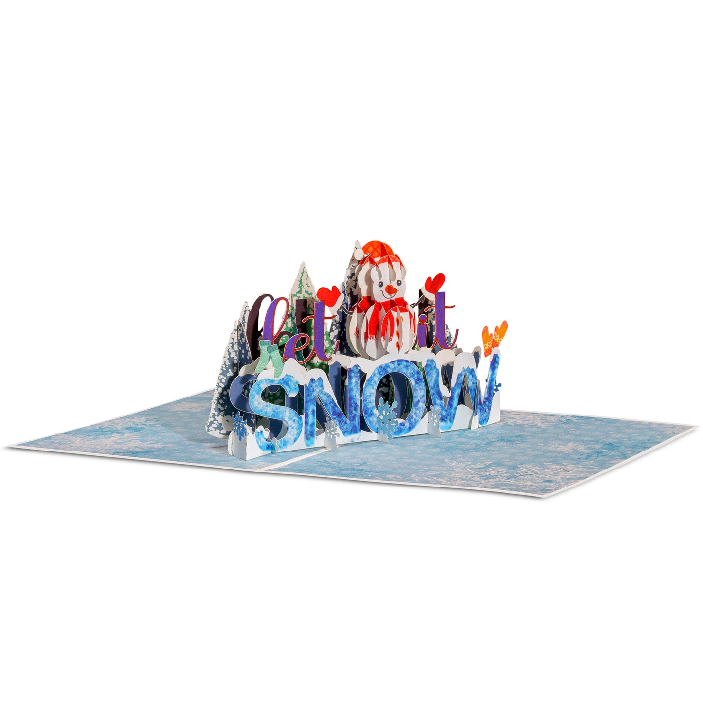 Side view of Let It Snow pop-up card showcasing 3D snowman and snowy details.