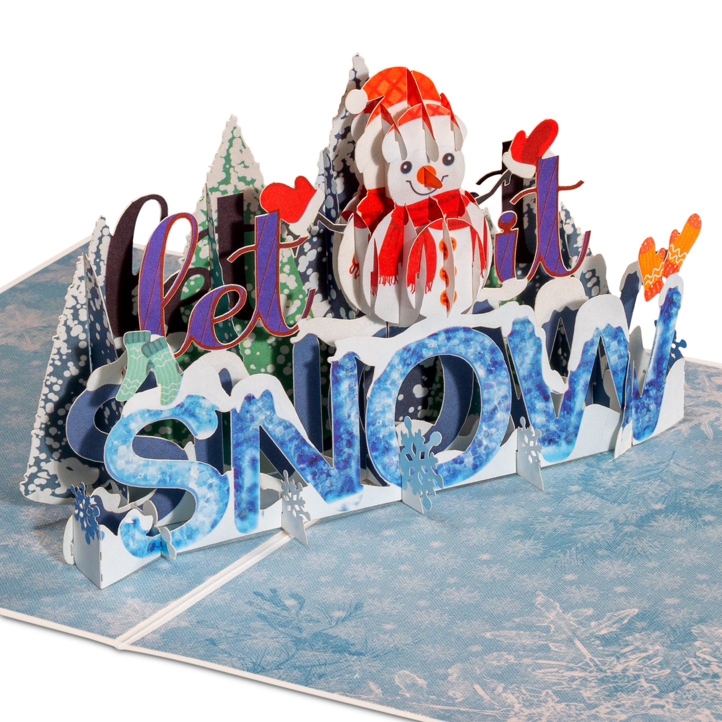 Let It Snow pop-up winter card featuring a 3D snowman and snowy scene.