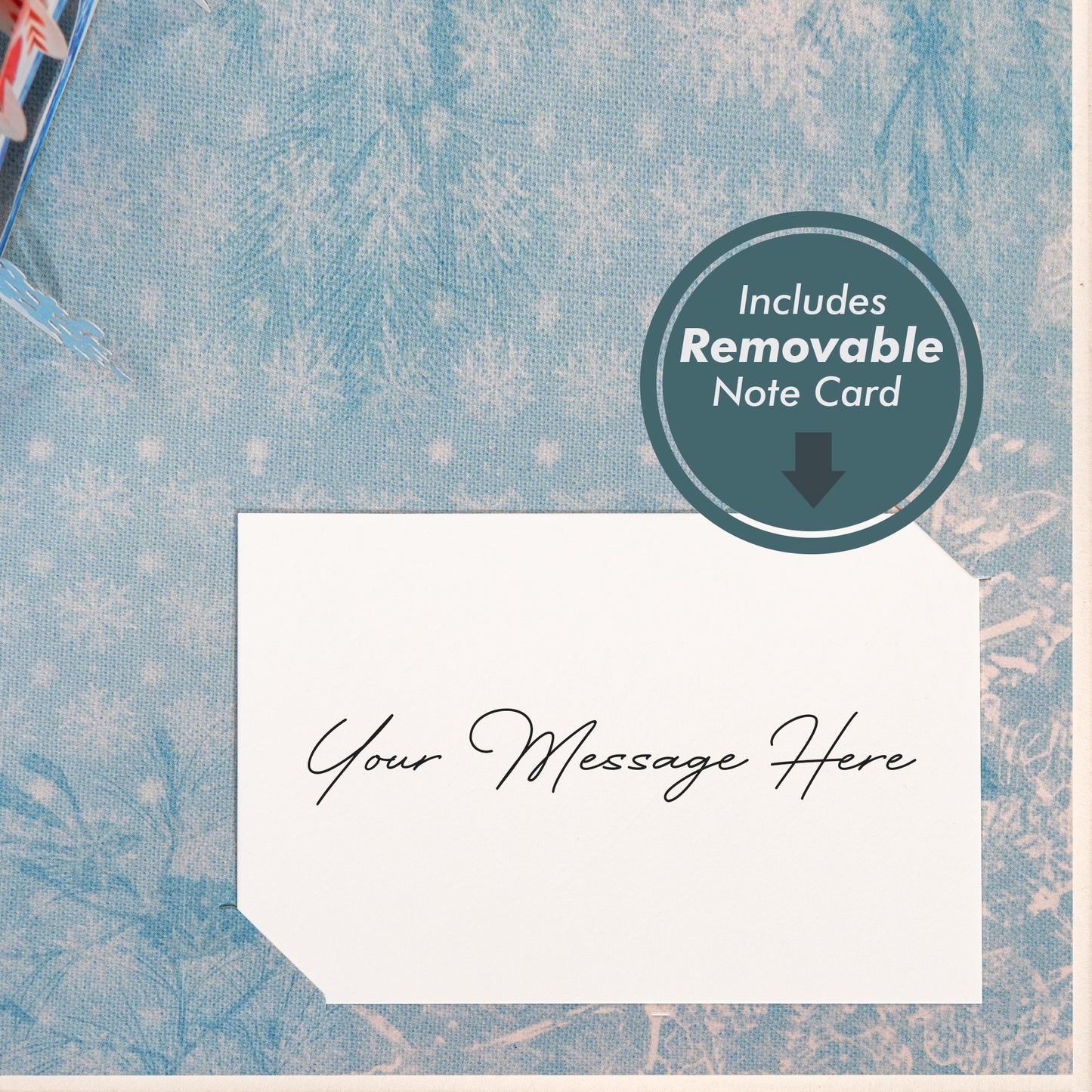 Close-up of Let It Snow card with removable note card for personalized messages.
