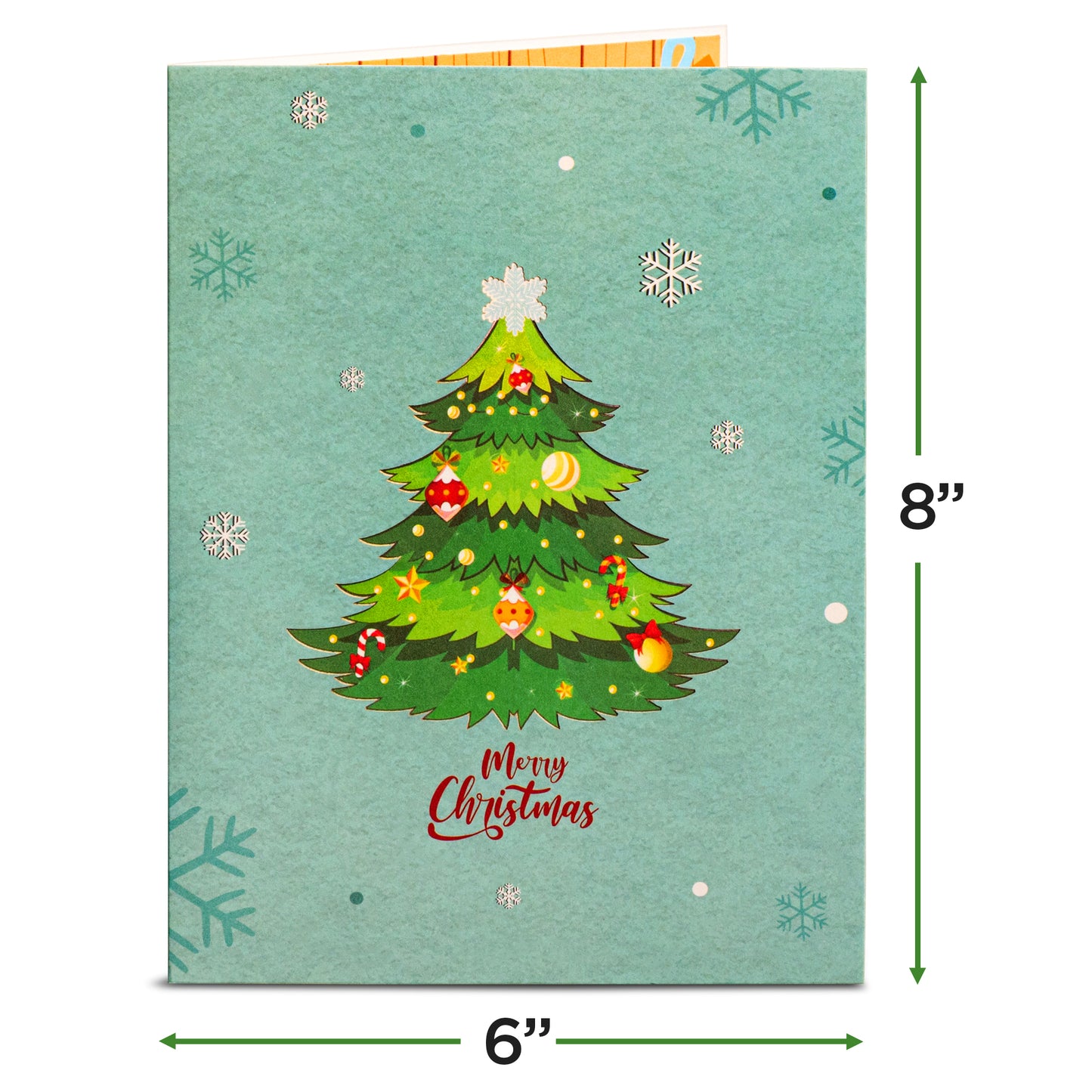 Closed Christmas tree card with 'Merry Christmas' text and snowflake design.