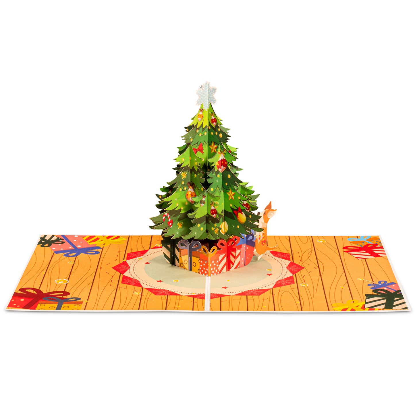 Open Christmas tree pop-up card featuring gifts and festive details.