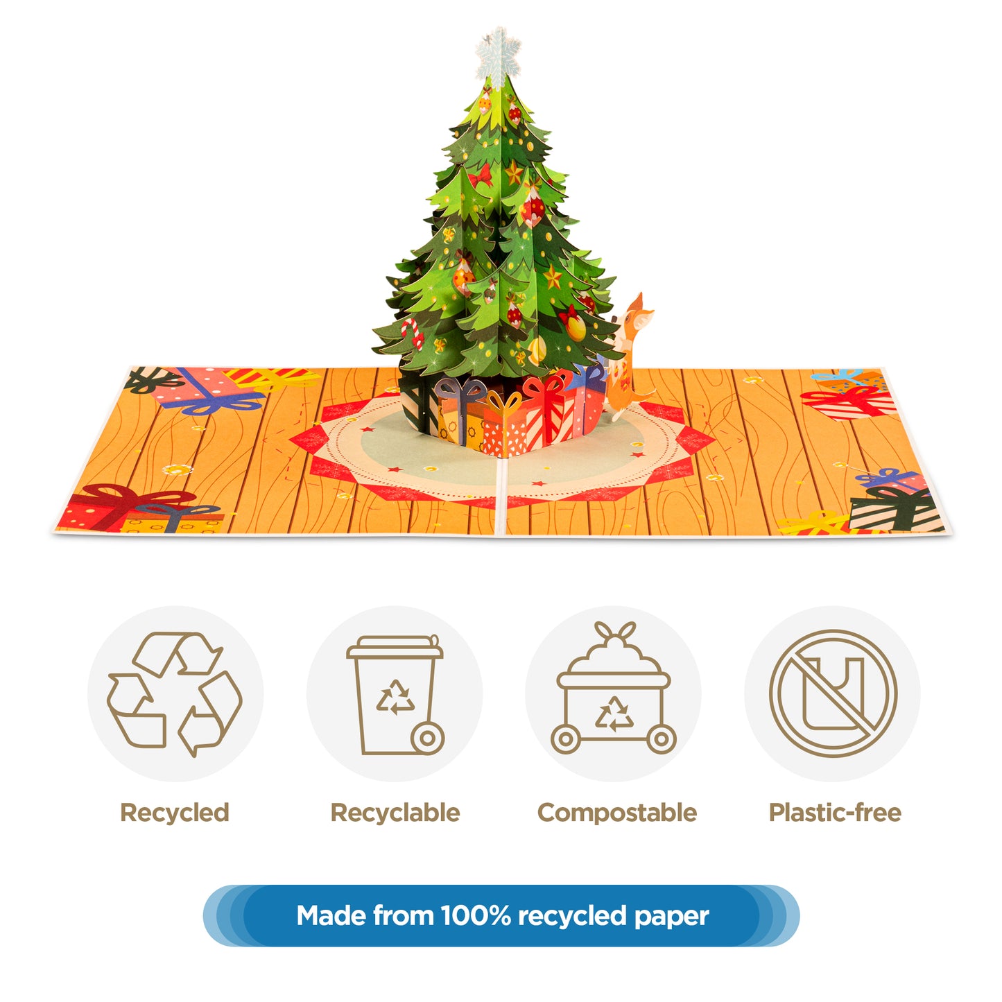 Eco-friendly Christmas tree pop-up card made from 100% recycled paper.