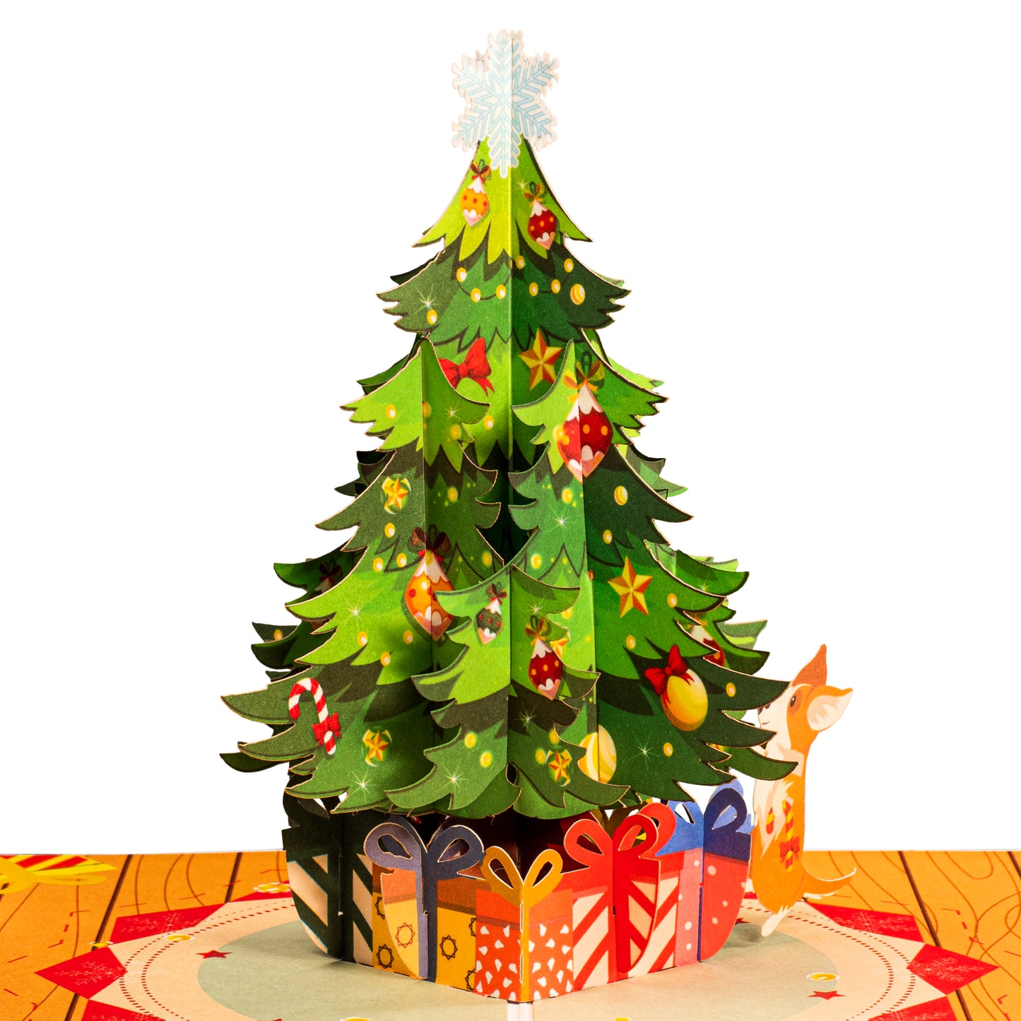Pop-up Christmas tree card with colorful ornaments and gift boxes.