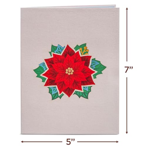 Closed poinsettia pop-up card with a red flower design on a beige cover, 5x7 inches.