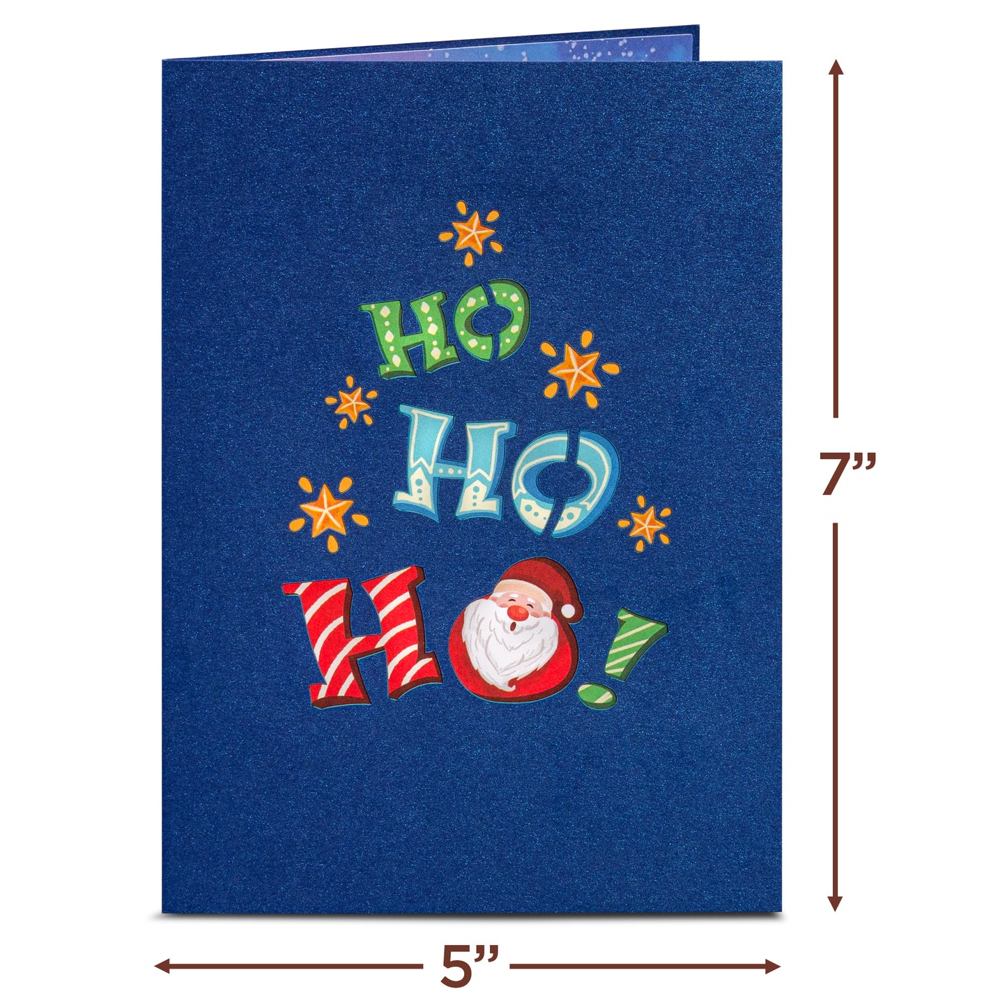 Front cover of Santa Sleigh Christmas pop-up card with 'Ho Ho Ho' design.