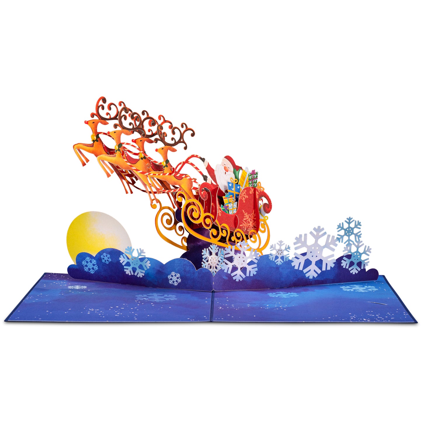 Santa Sleigh Christmas pop-up card fully opened with festive 3D scene.