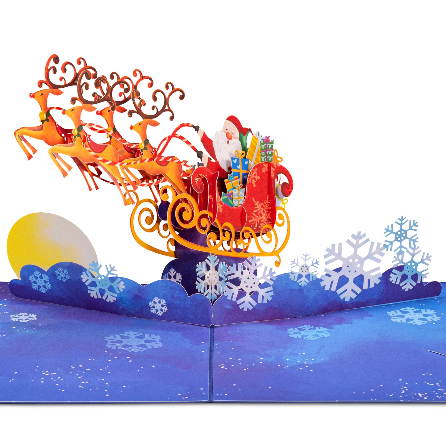 Santa Sleigh Christmas pop-up card with reindeer and snowflakes.