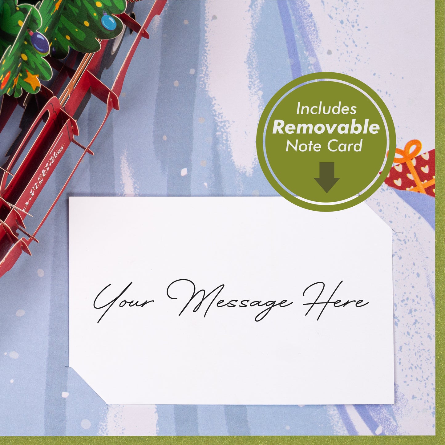 Removable note card included with space for a personalized holiday message.