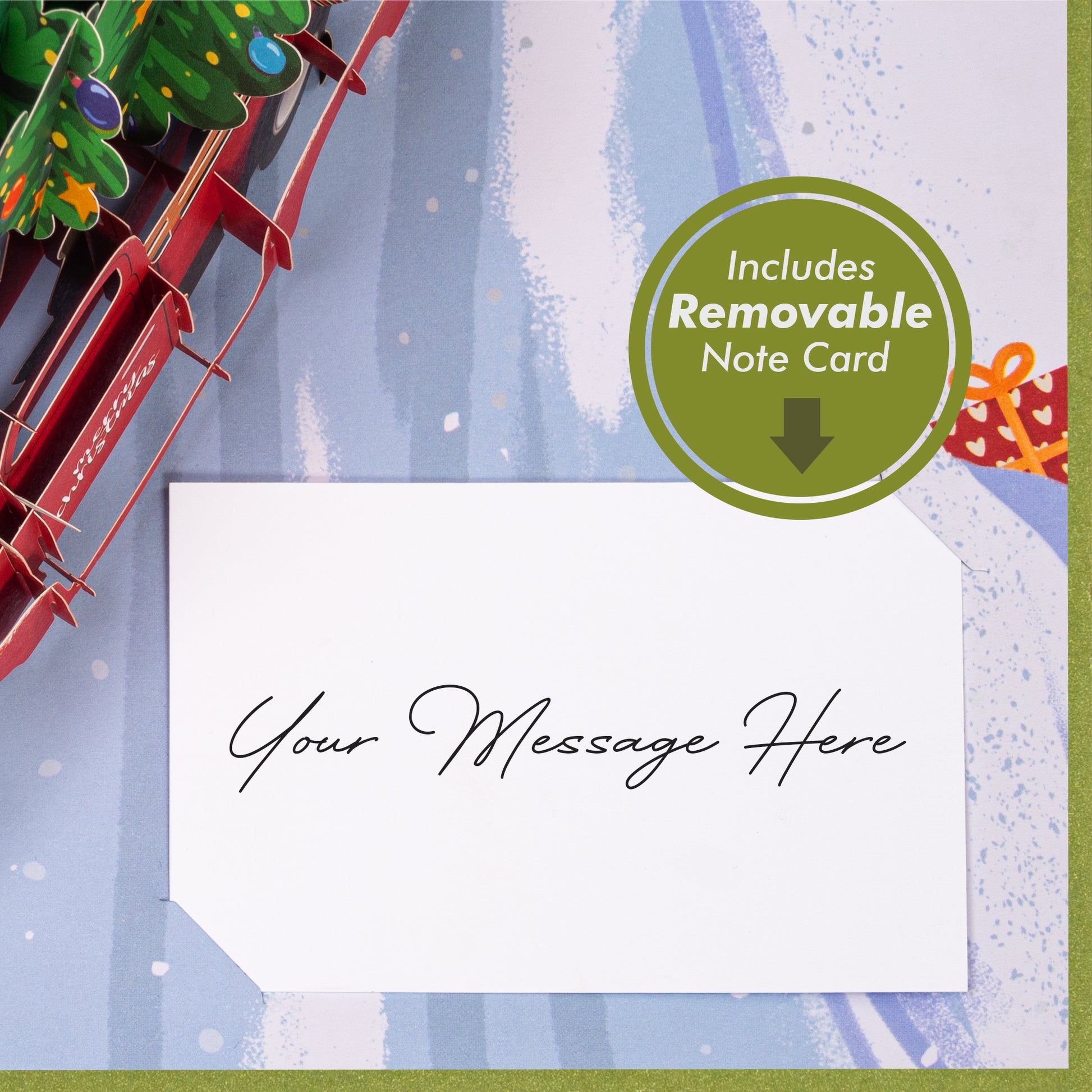 Removable note card included with space for a personalized holiday message.