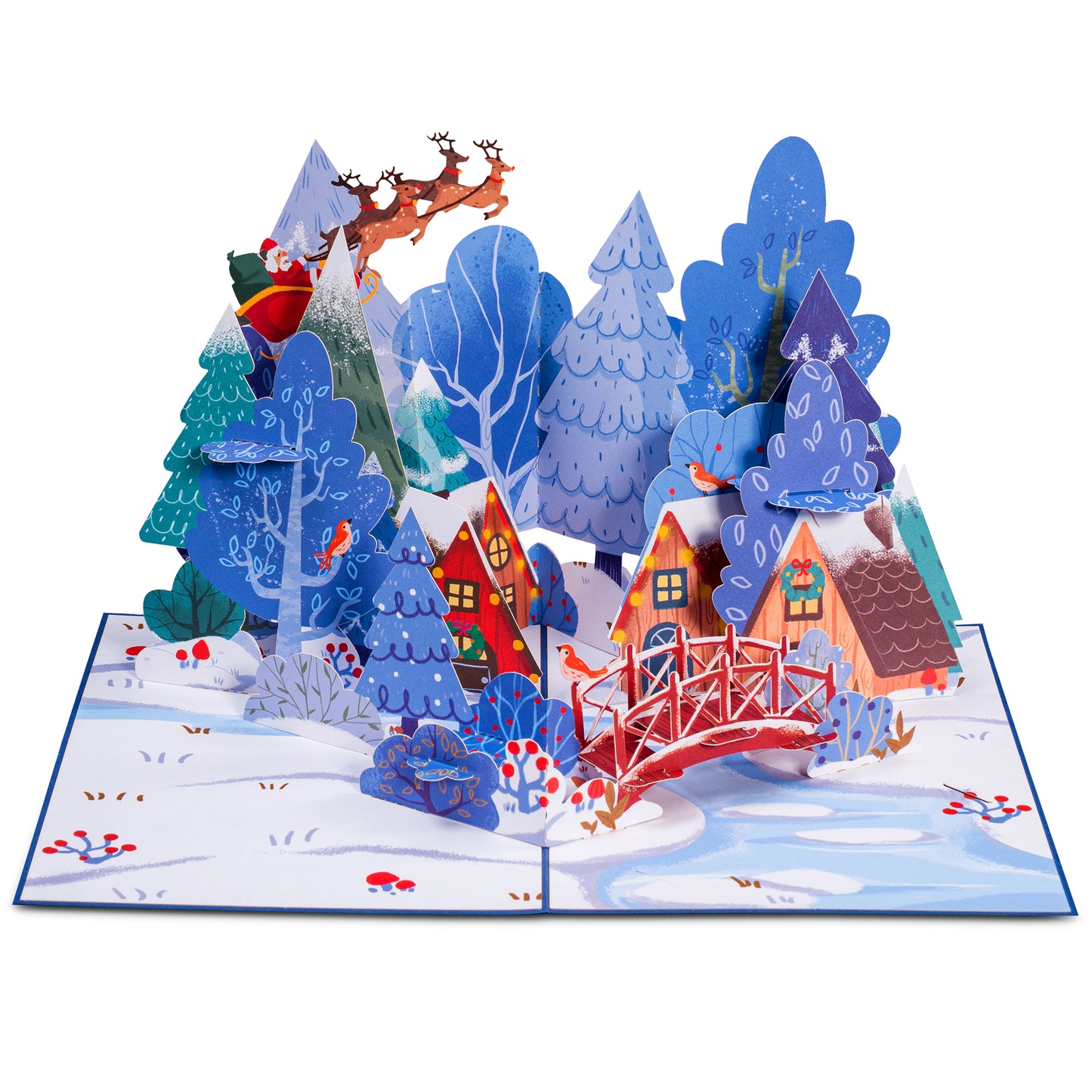 Magical Town Christmas pop-up card fully opened, displaying a festive winter scene.