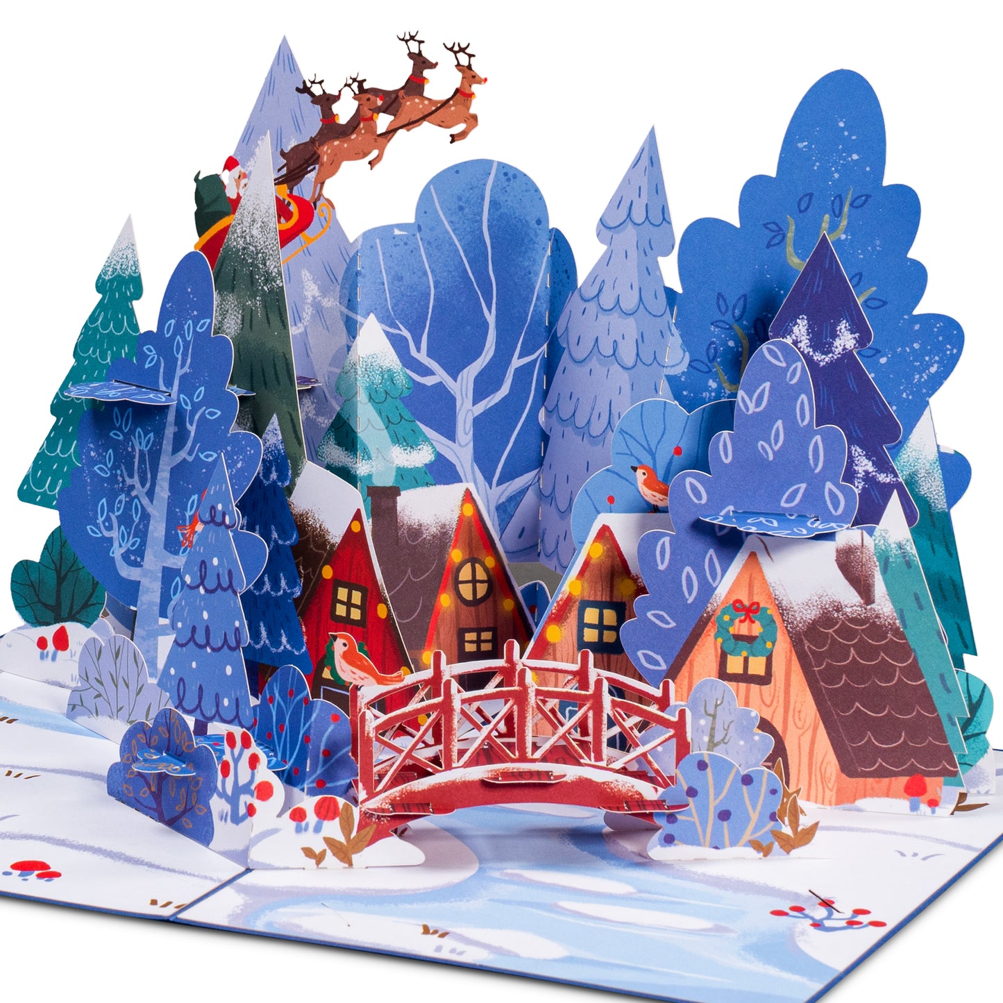 Magical Town Christmas pop-up card featuring a festive village with snowy trees and Santa's sleigh.