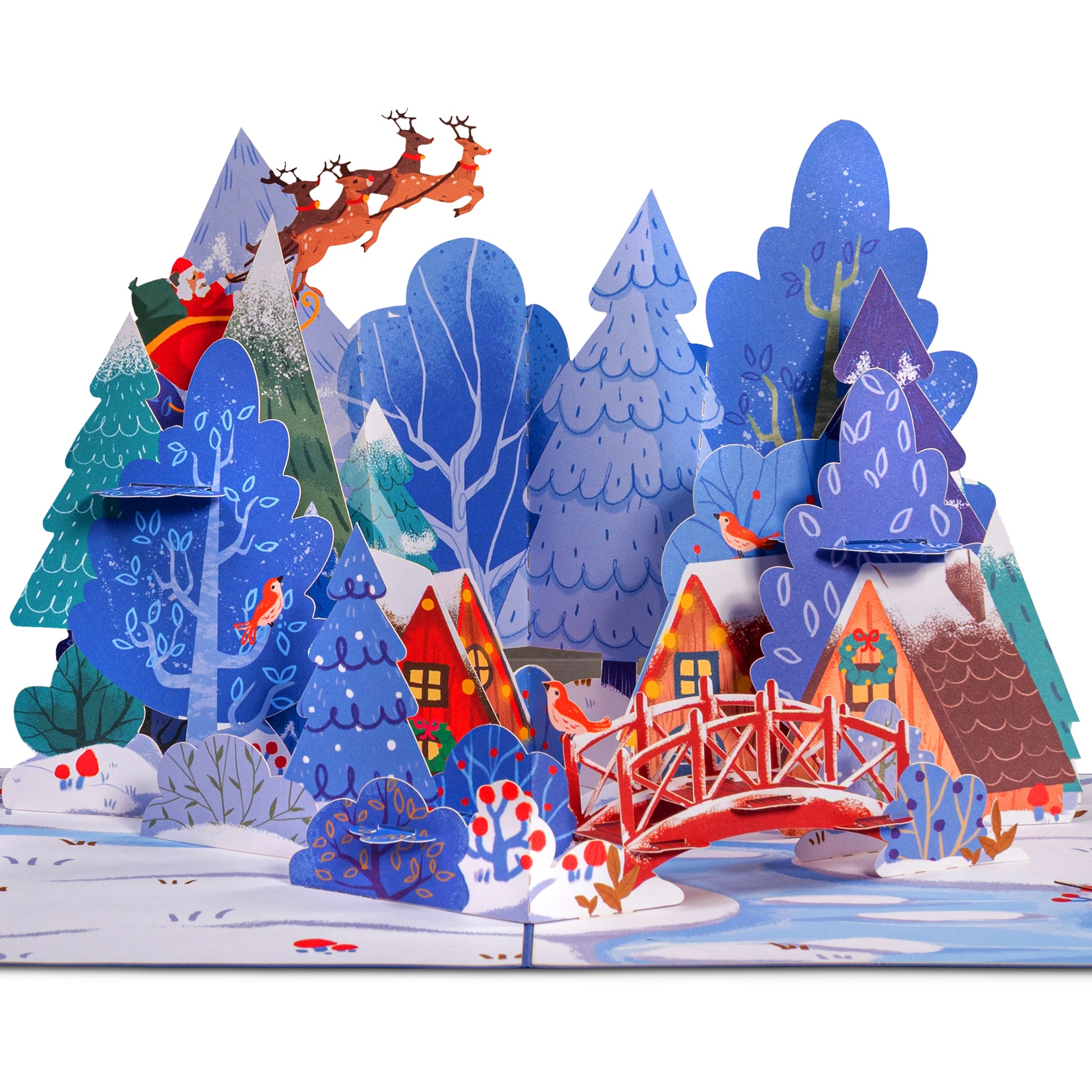 Detailed view of the Magical Town Christmas pop-up card with a snowy village and Santa.