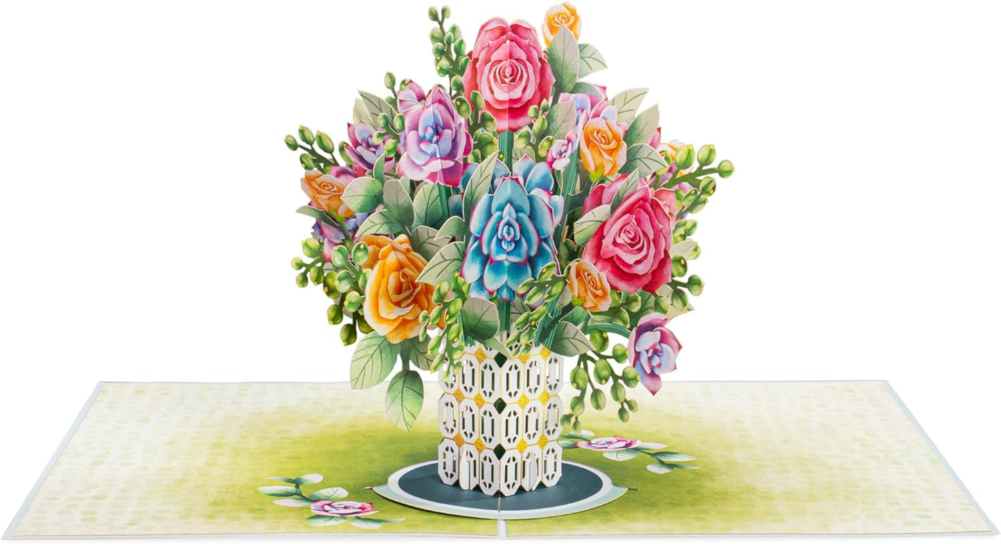 Fully opened pop-up card showcasing a 3D arrangement of roses and succulents.