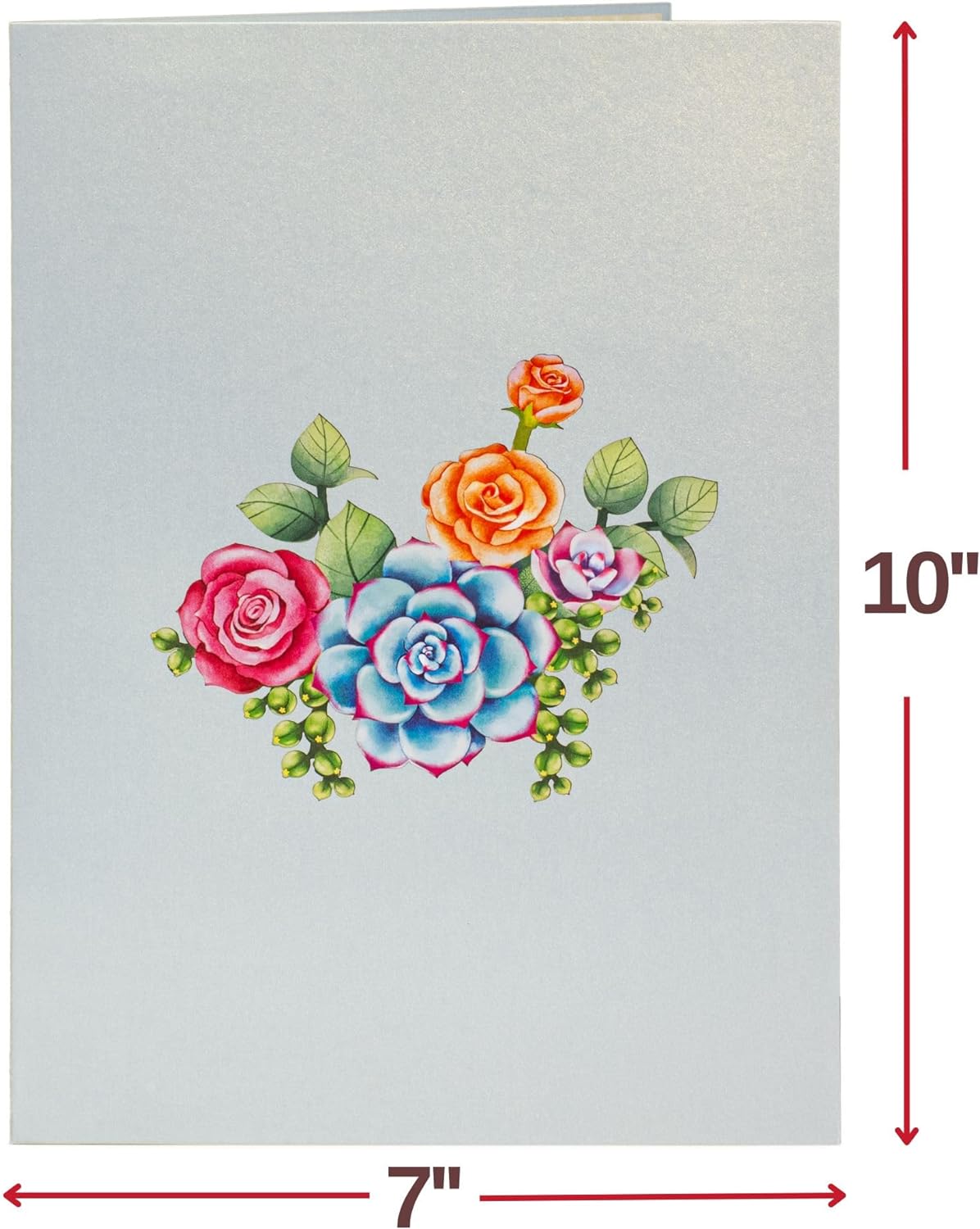 Closed greeting card with floral design, measuring 10 inches by 7 inches.