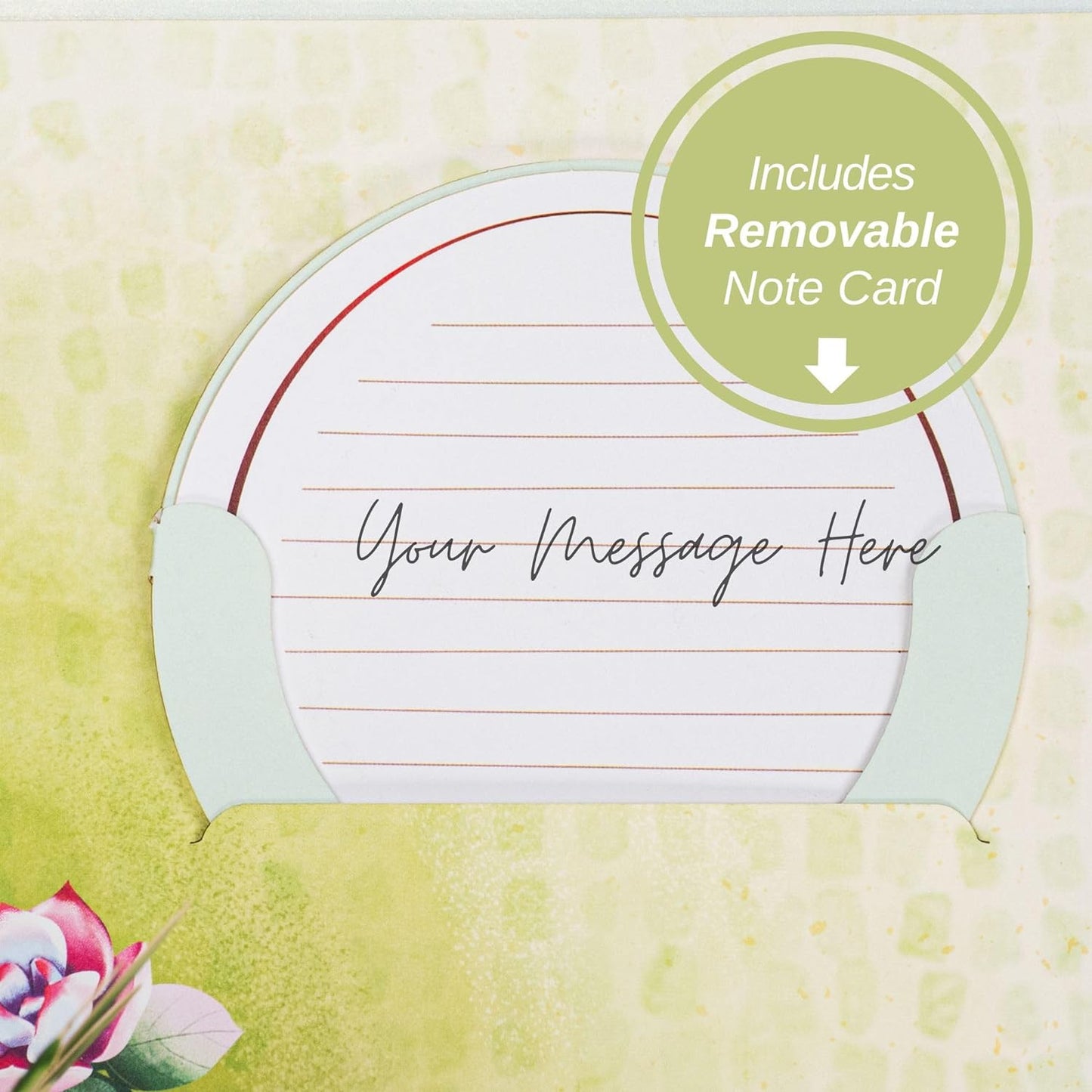 Close-up of removable note card with space for a personalized message.