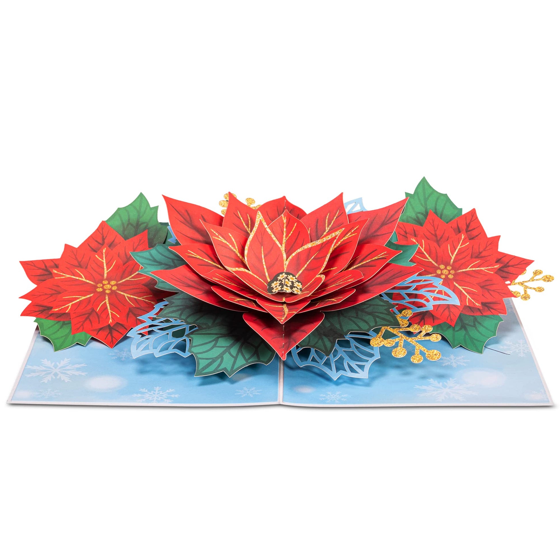 Poinsettia pop-up Christmas card with detailed red flowers and festive gold embellishments.