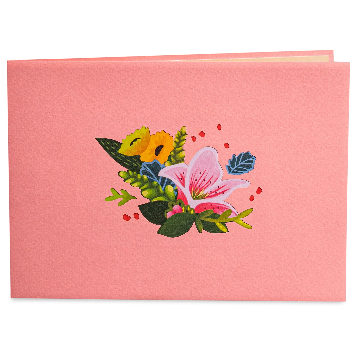 Closed pink greeting card with floral illustration on the cover.