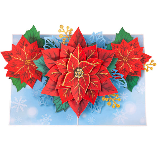 Poinsettia flower pop-up Christmas card with vibrant red petals and festive design.