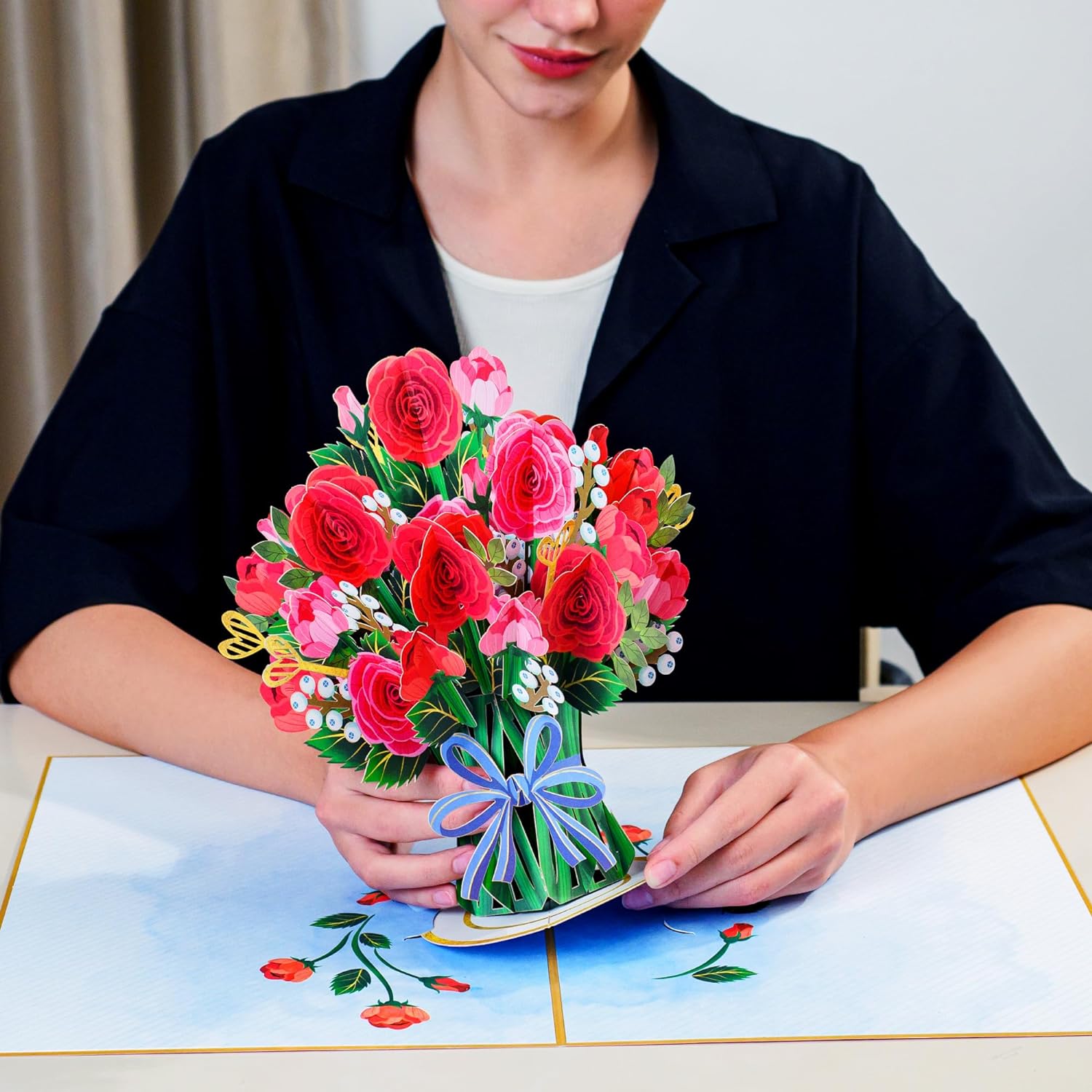 Hugepop Red Roses Pop Up Card, with Detachable Bouquet - Oversized 10" x 14" Cover - Paper Love