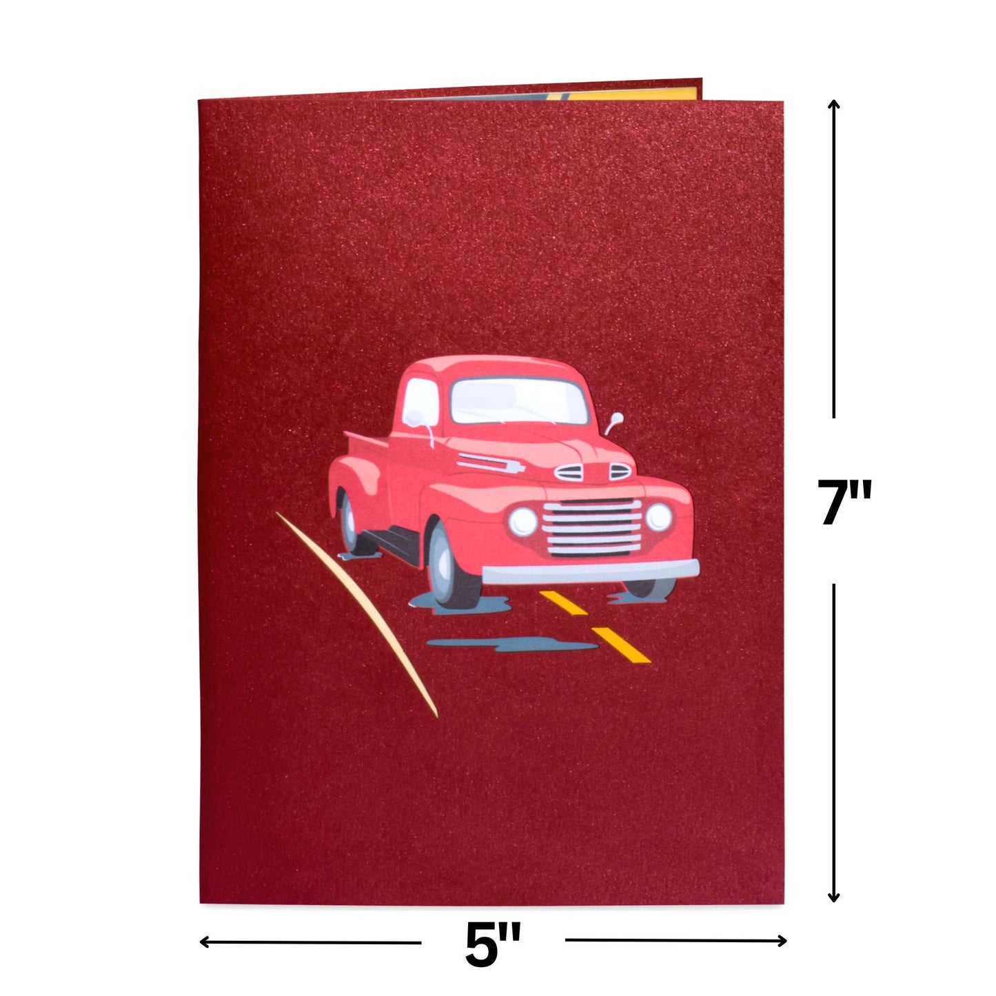 Red Classic Truck Pop Up Card with a 5x7-inch cover featuring a vintage truck design.