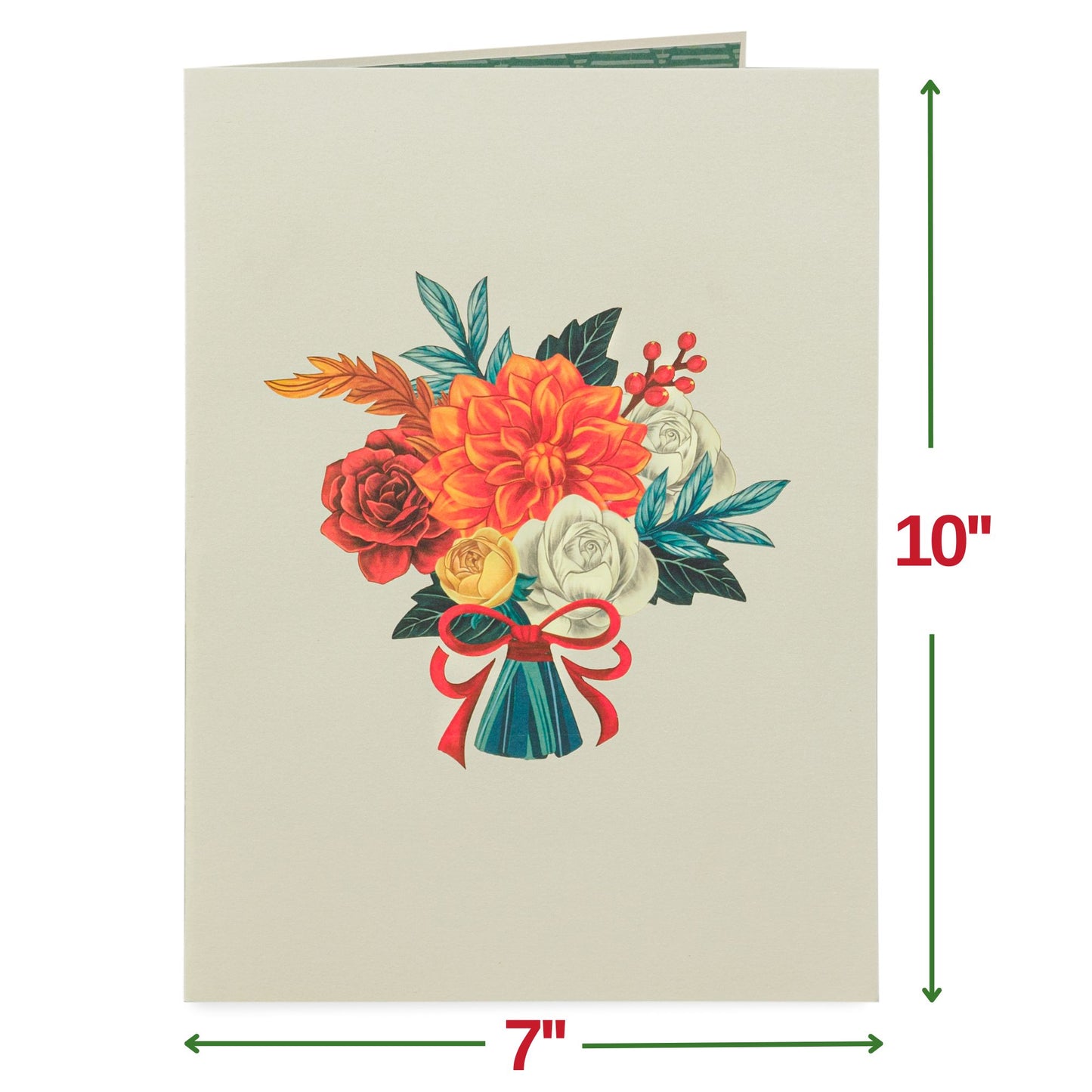 Closed Boho pop-up card with a floral bouquet illustration, measuring 10x7 inches.